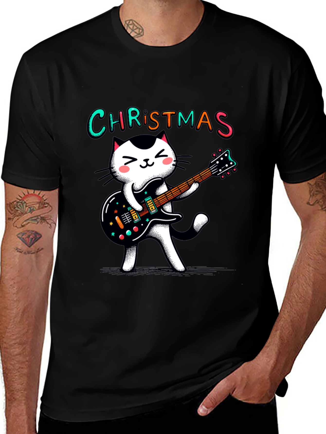 Christmas Cat Guitar T-Shirt - Holiday Style