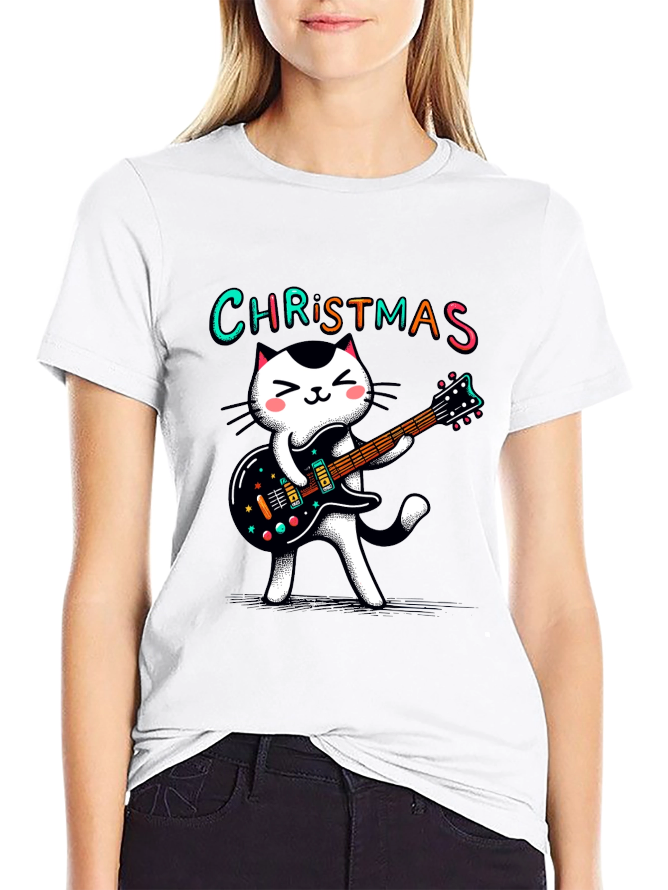 Christmas Cat Guitar T-Shirt - Holiday Style