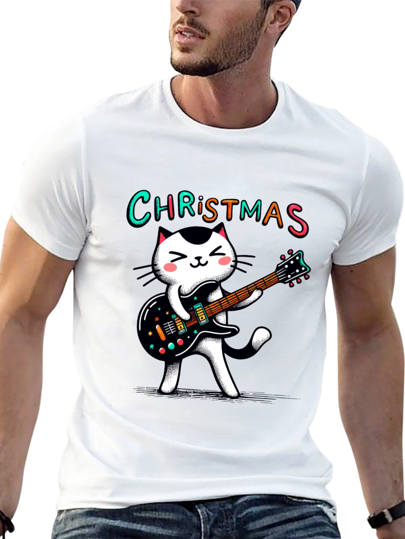 Christmas Cat Guitar T-Shirt - Holiday Style