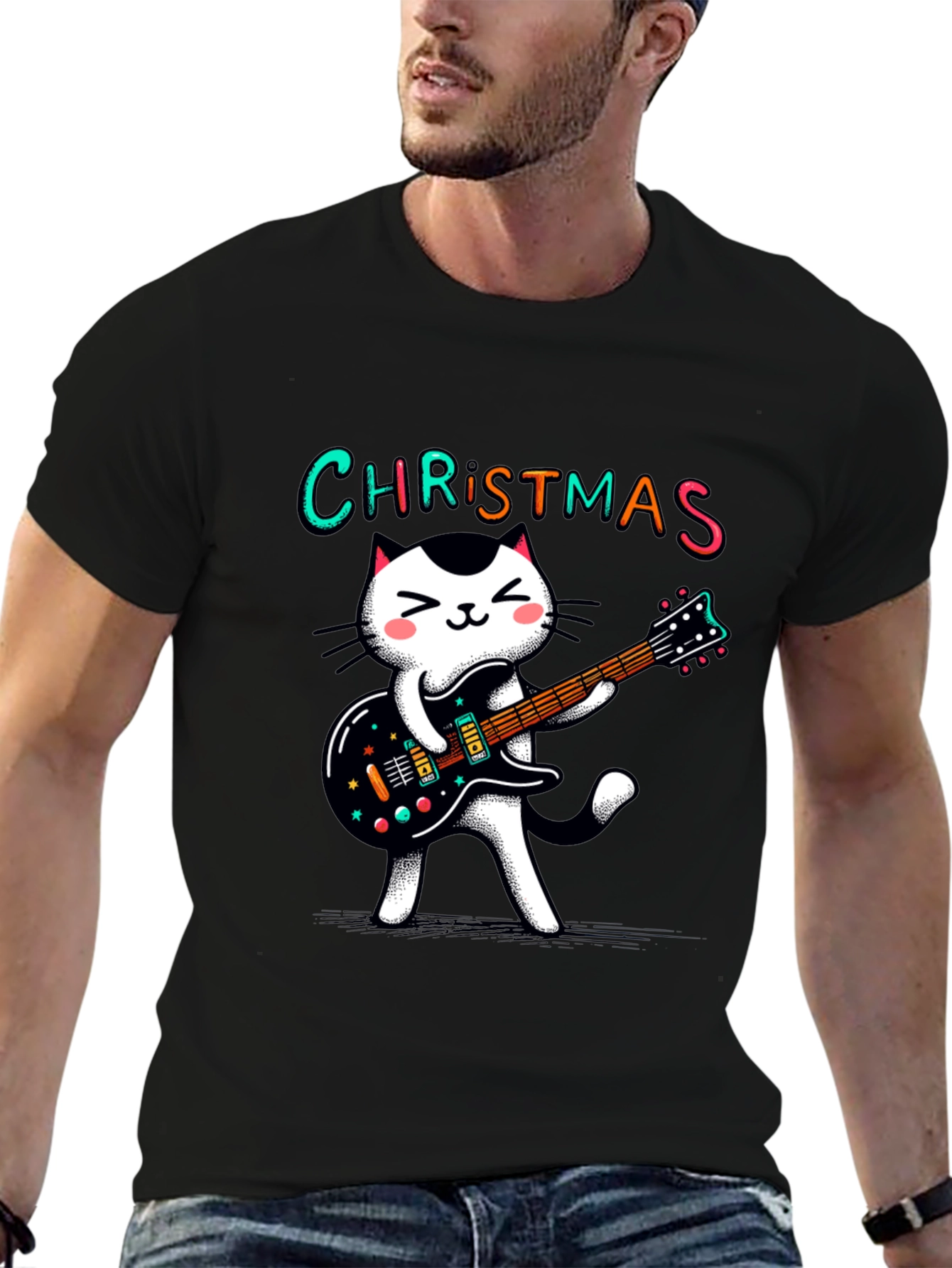 Christmas Cat Guitar T-Shirt - Holiday Style