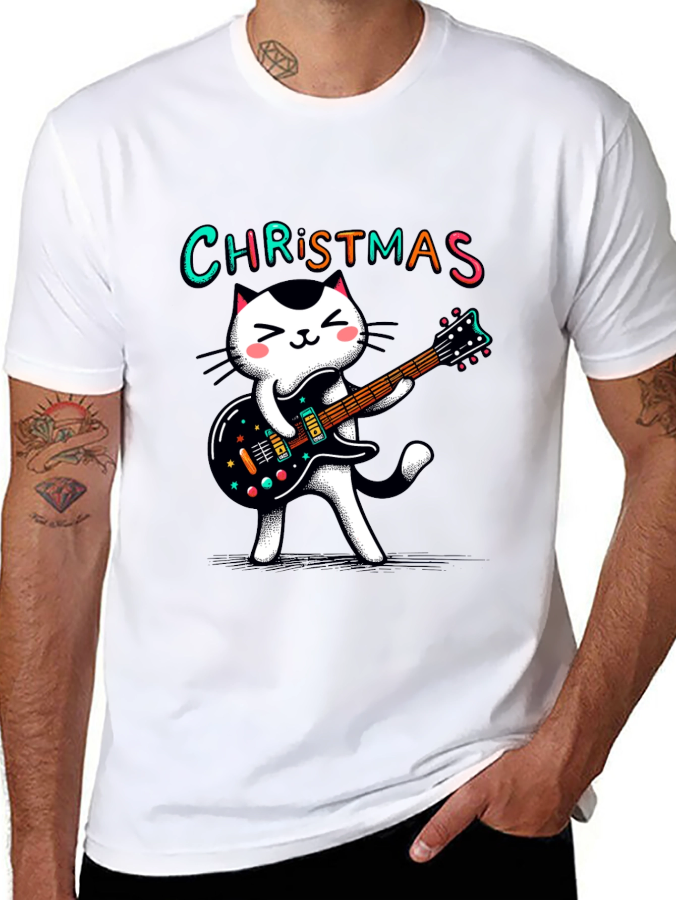 Christmas Cat Guitar T-Shirt - Holiday Style