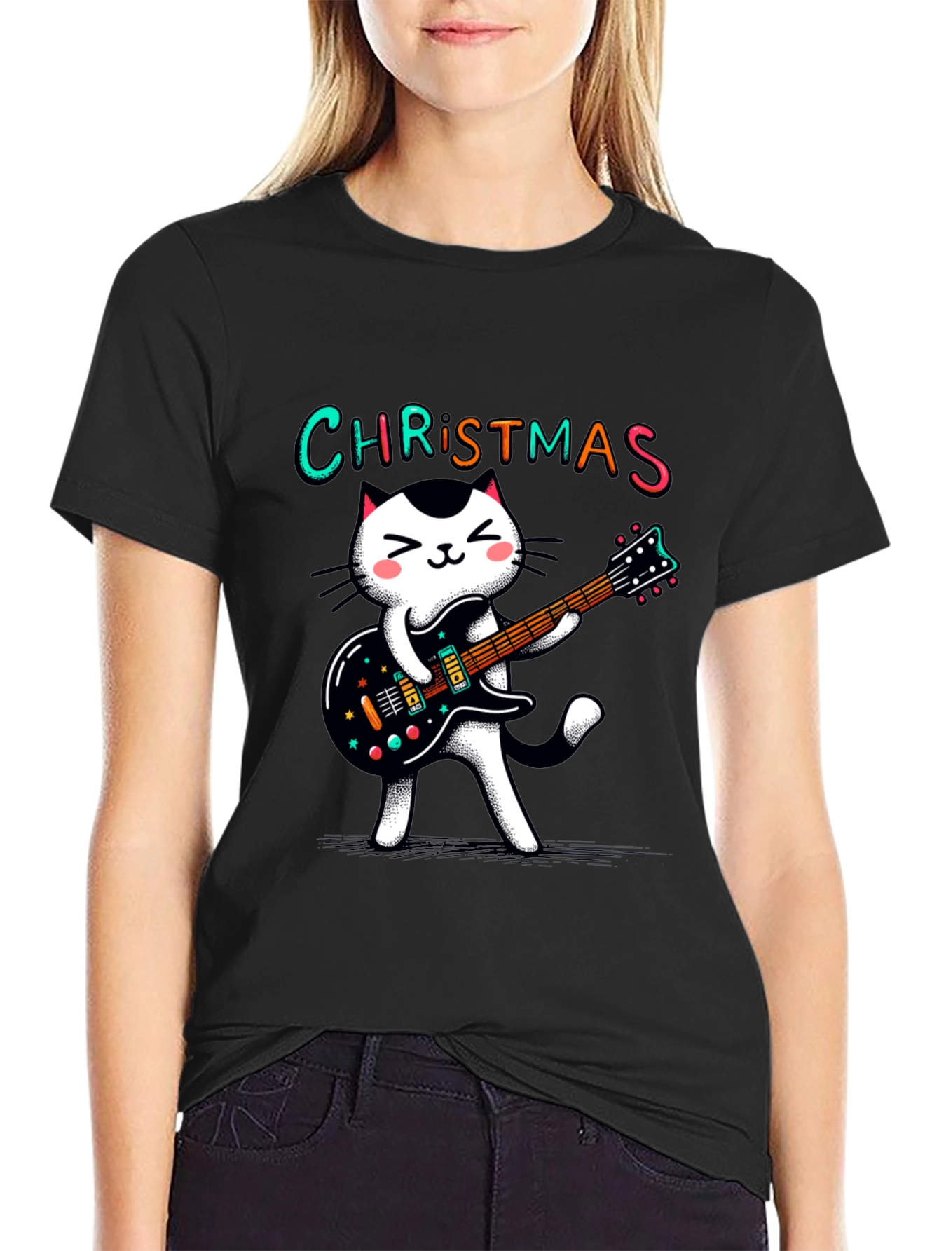Christmas Cat Guitar T-Shirt - Holiday Style