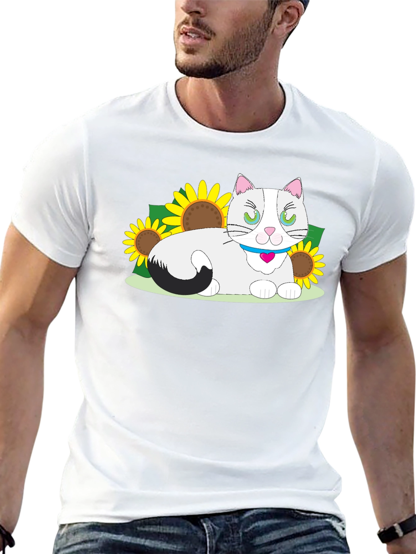 Cat & Sunflower Graphic T-Shirt