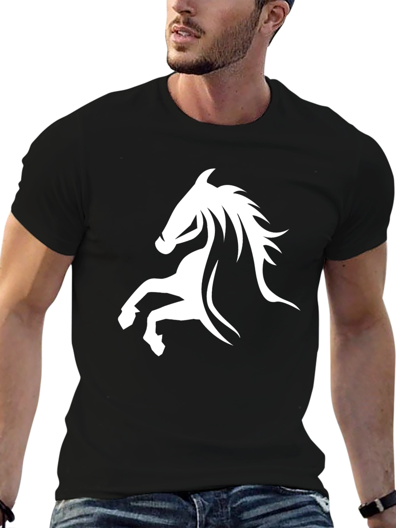 Black Tee with White Horse Graphic