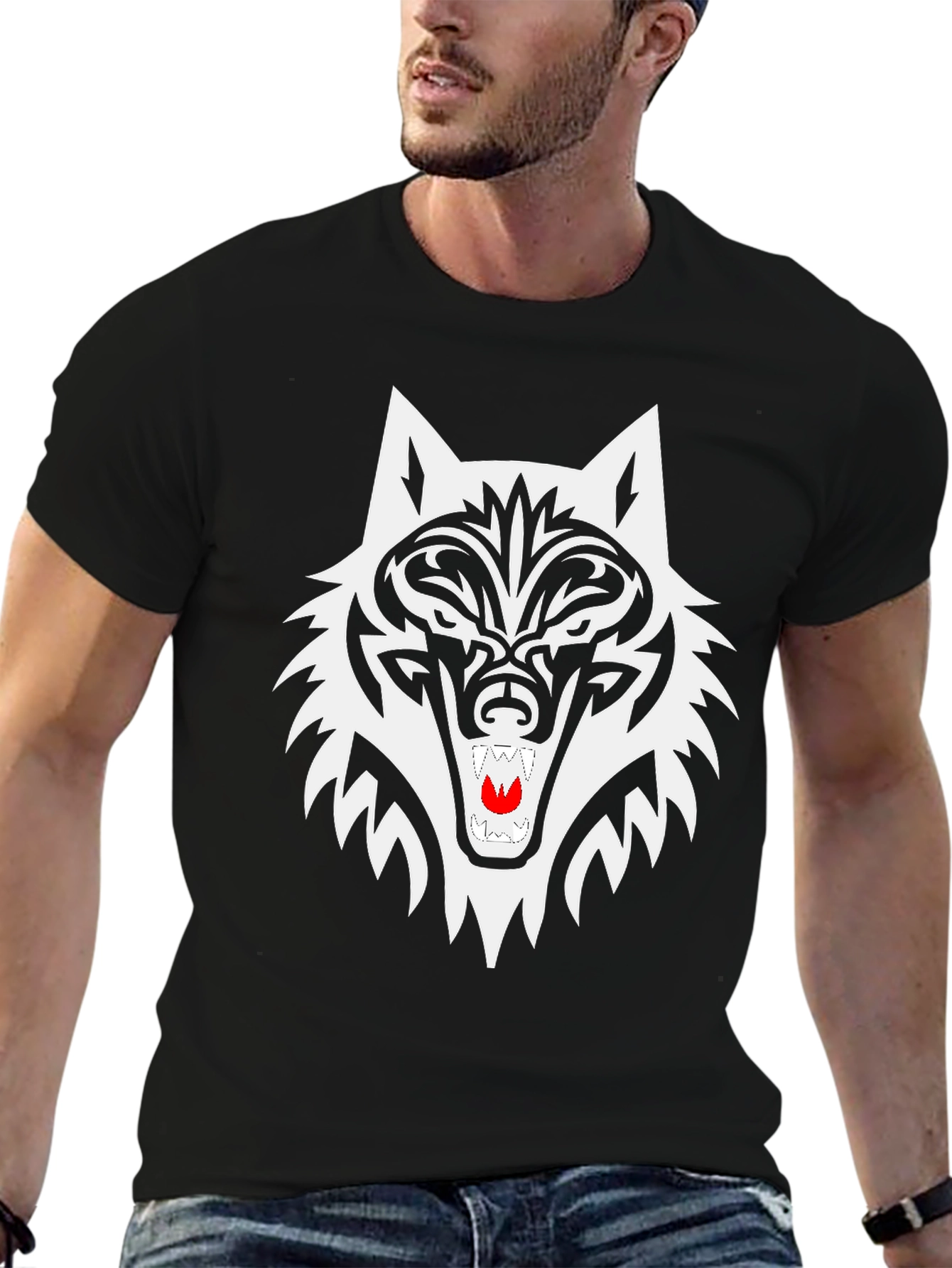 Black Wolf Graphic Tee - Tribal Style