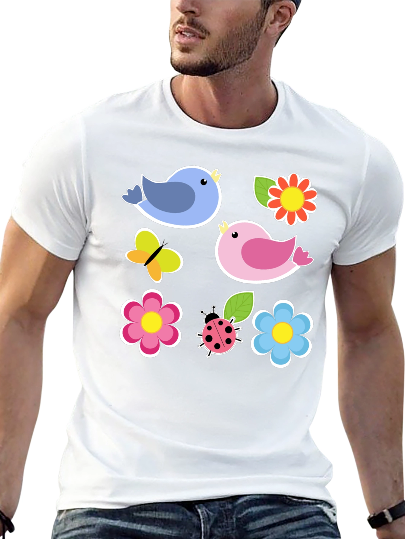 Cute Spring Bird & Floral Graphic Black T-Shirt