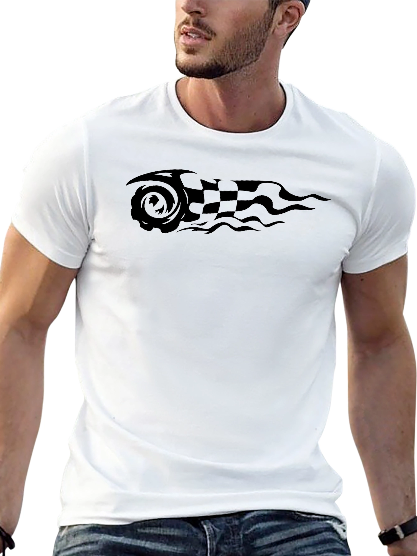 Black Tee with Racing Flag Graphic