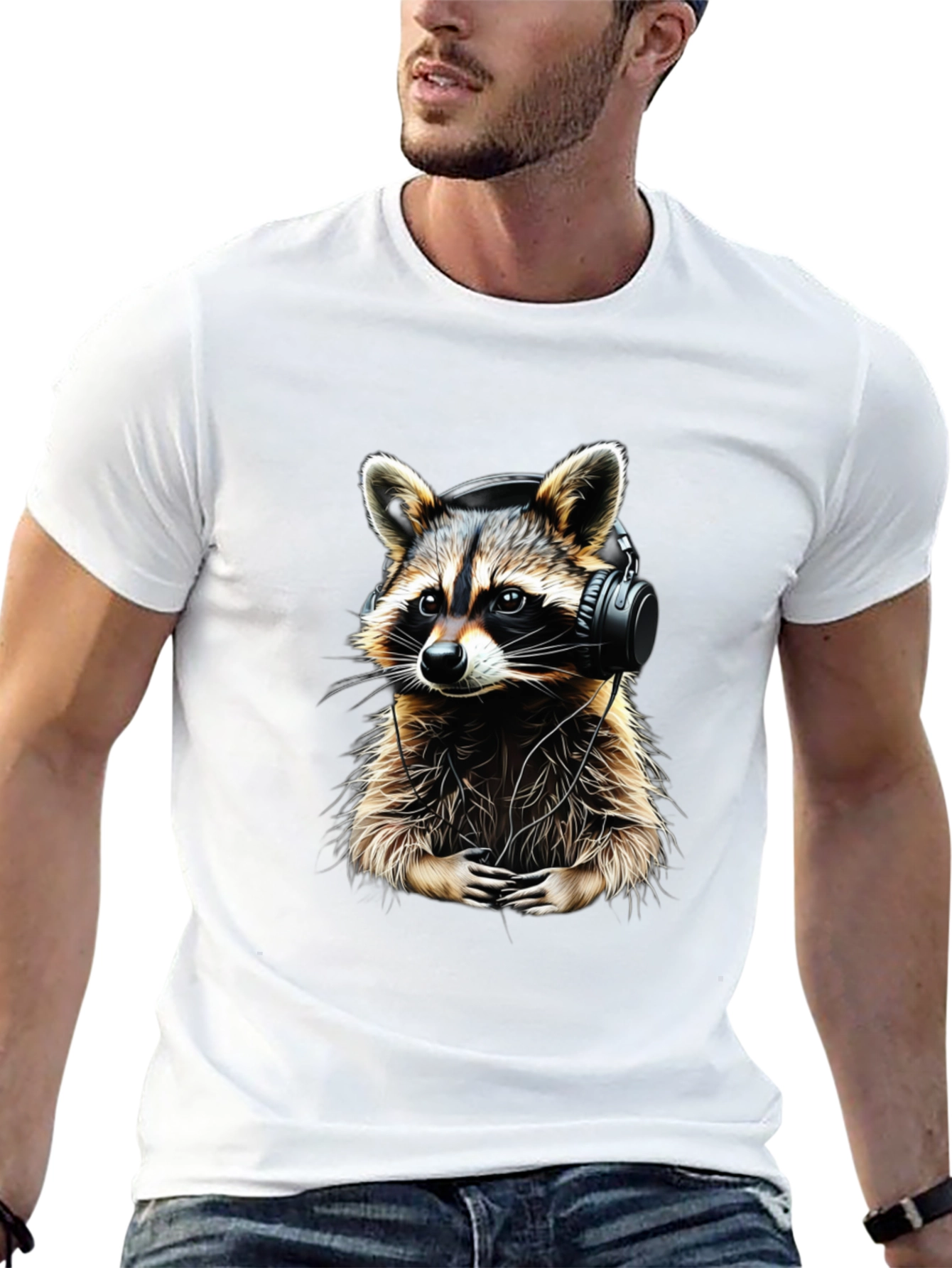 Raccoon DJ Graphic Tee - Black Crewneck Cotton T-Shirt
