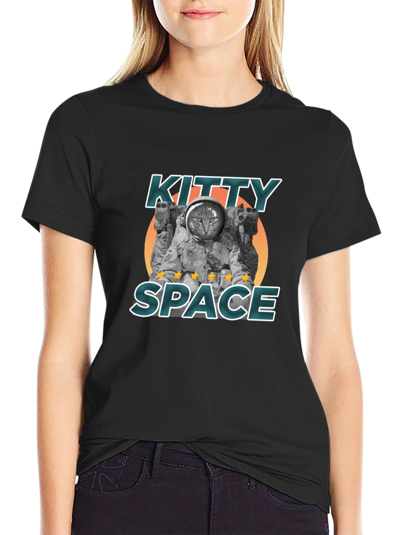 Kitty Space Black T-Shirt - Astronaut Cat Design