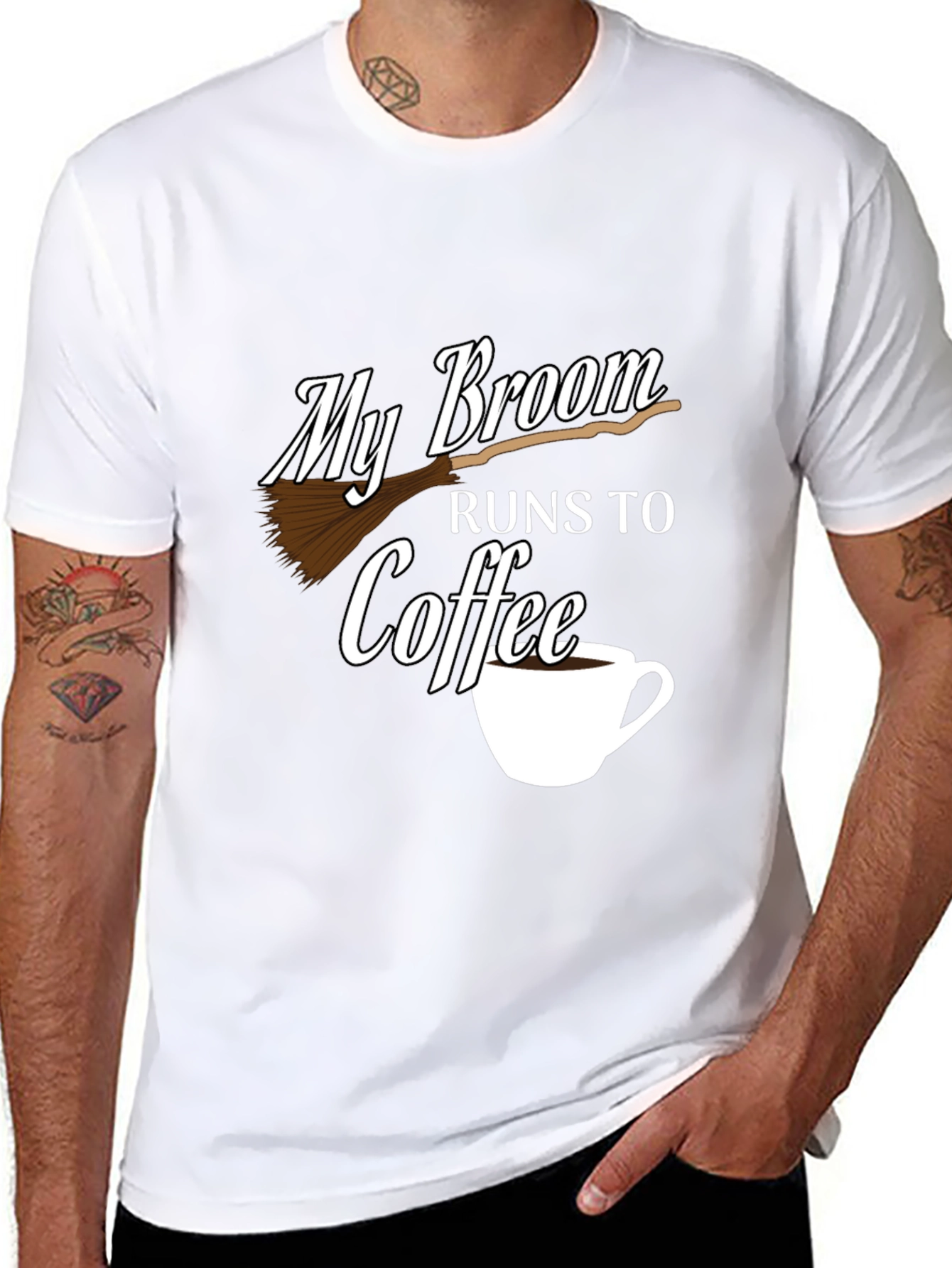 My Broom Runs To Coffee Black Graphic Tee