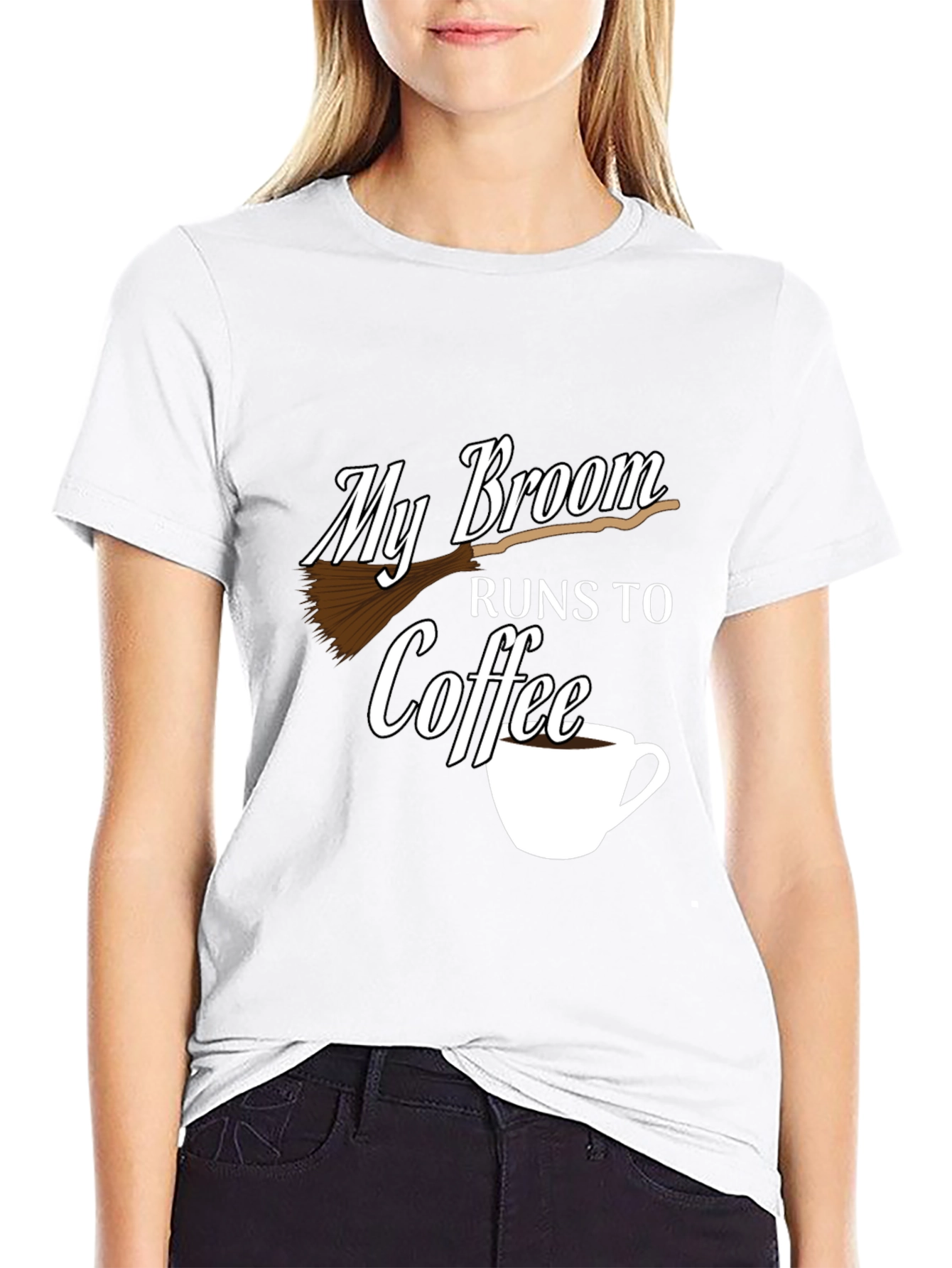 My Broom Runs To Coffee Black Graphic Tee