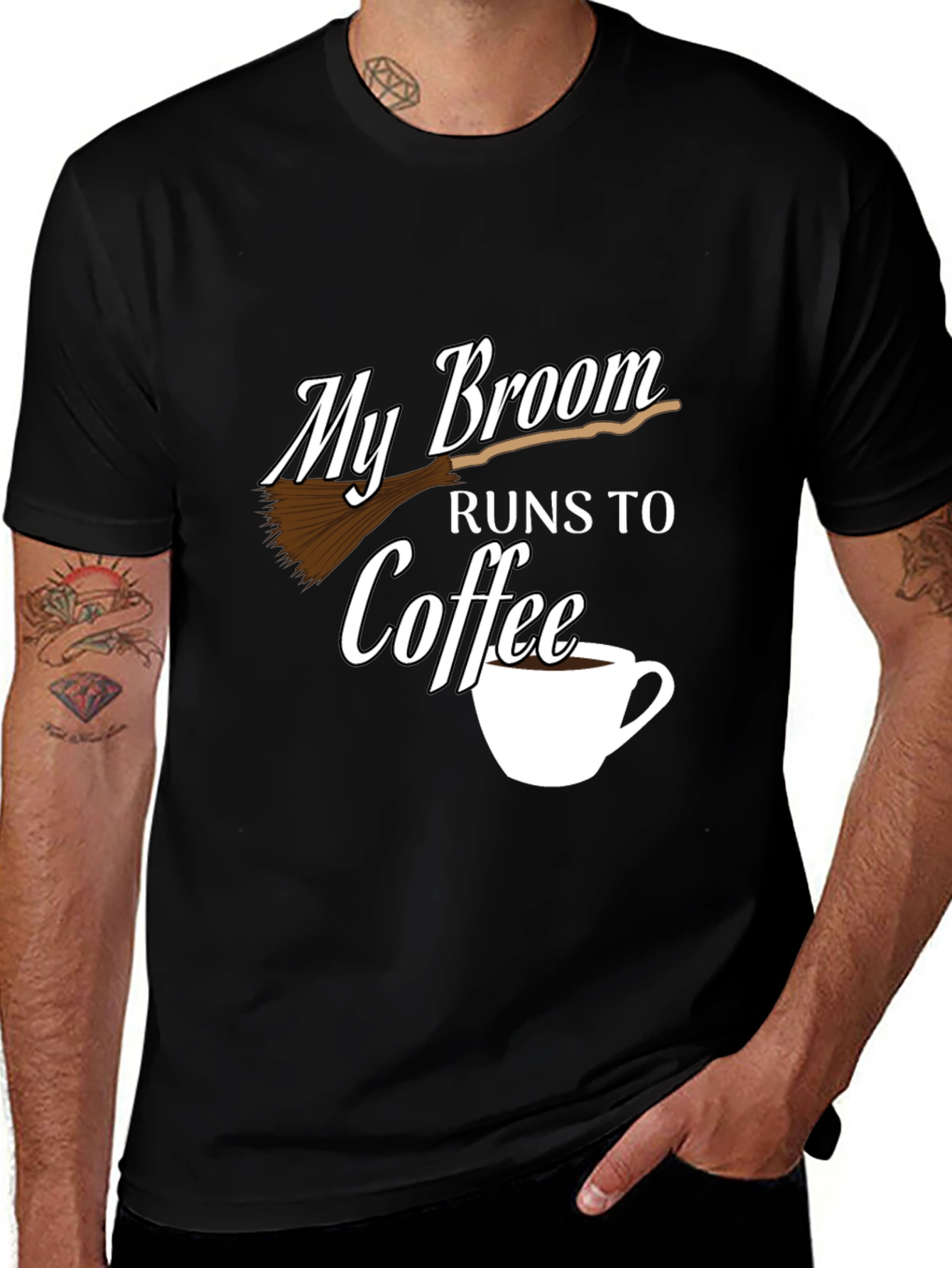 My Broom Runs To Coffee Black Graphic Tee