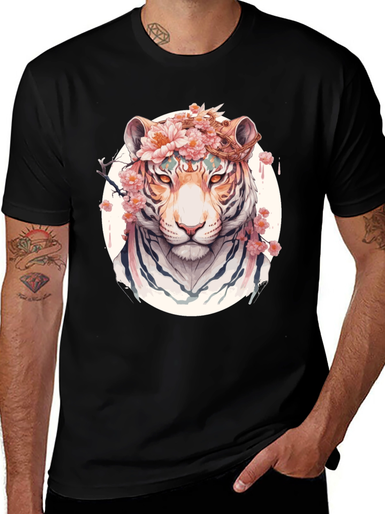 Floral Tiger Graphic Tee - Unique Black T-Shirt
