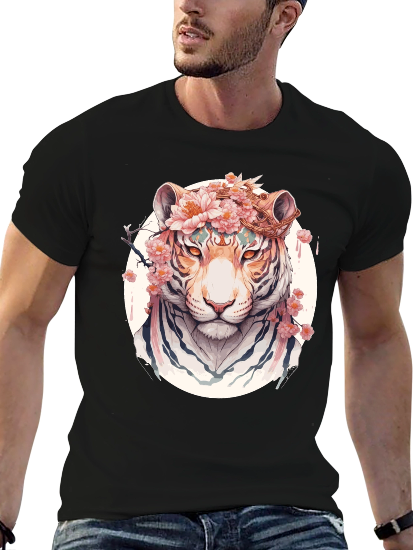 Floral Tiger Graphic Tee - Unique Black T-Shirt