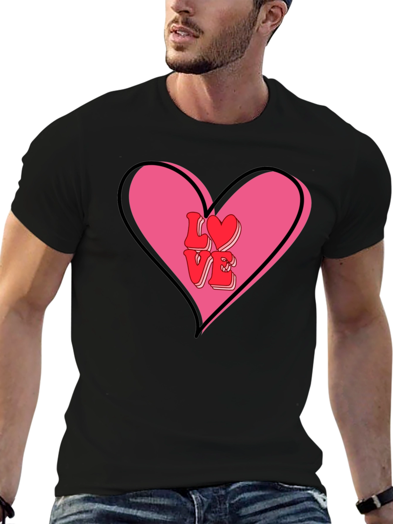 Love Heart Valentines Graphic Tee - Mens Black T-Shirt