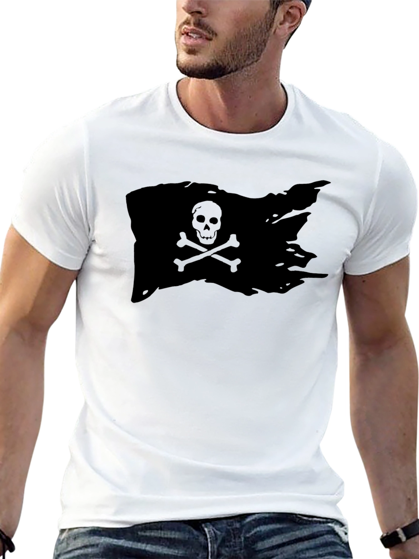 Black Pirate Flag T-Shirt Skull Bones Graphic Tee