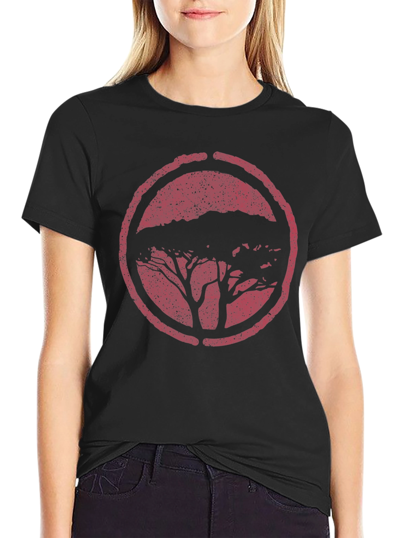 Black T-Shirt with Distressed Tree Circle Graphic