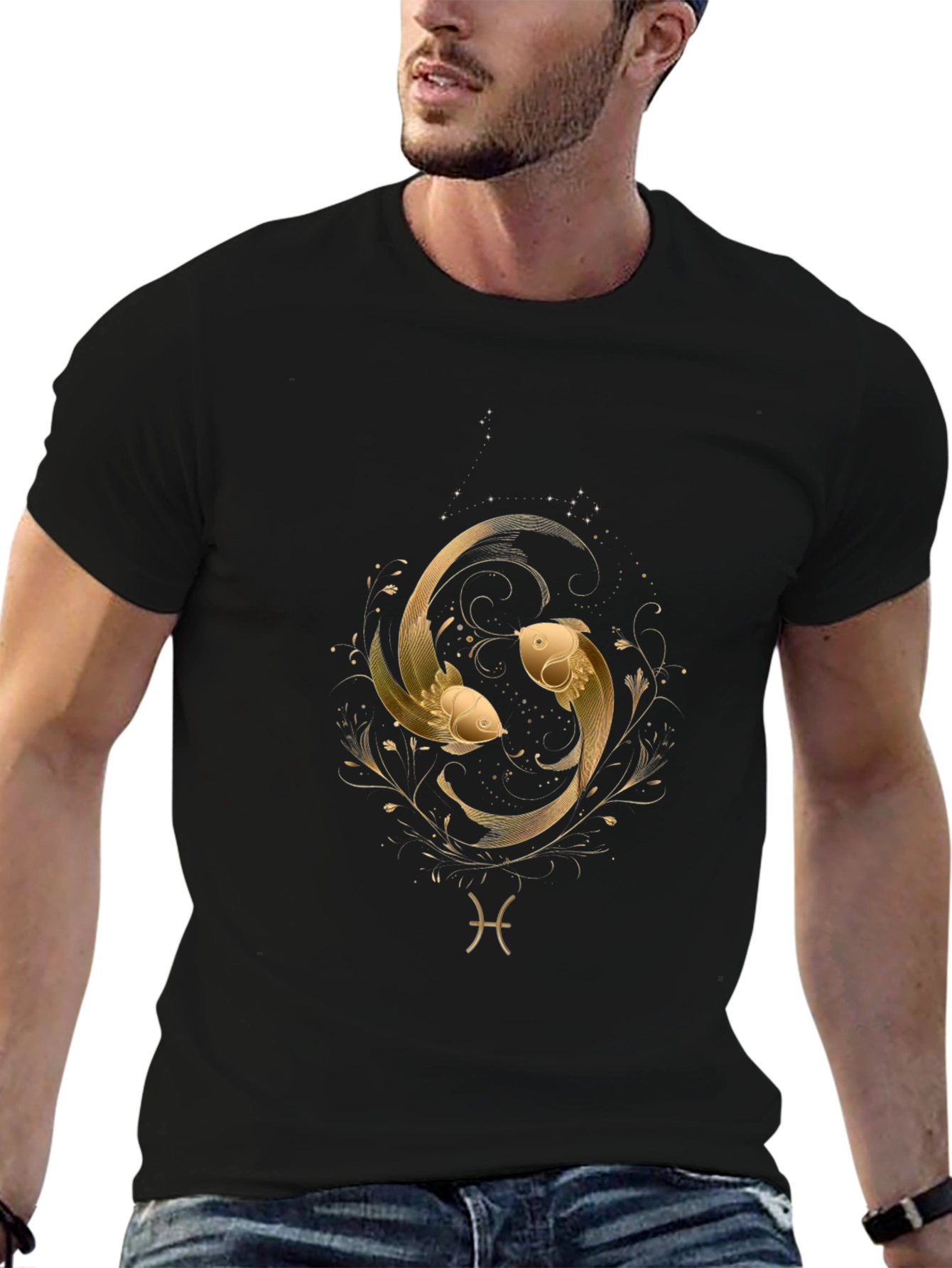 Pisces Zodiac Gold Fish Graphic Black T-Shirt