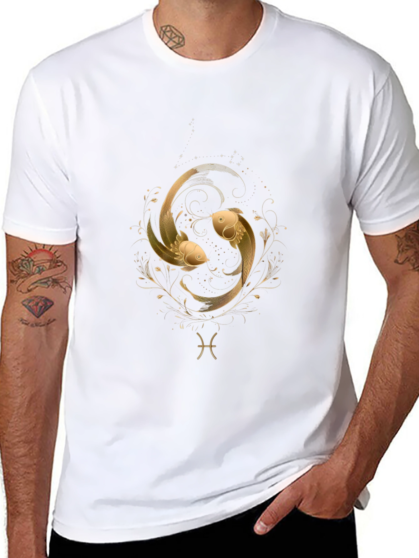 Pisces Zodiac Gold Fish Graphic Black T-Shirt