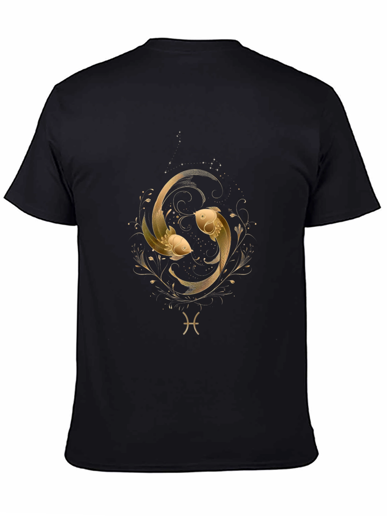 Pisces Zodiac Gold Fish Graphic Black T-Shirt