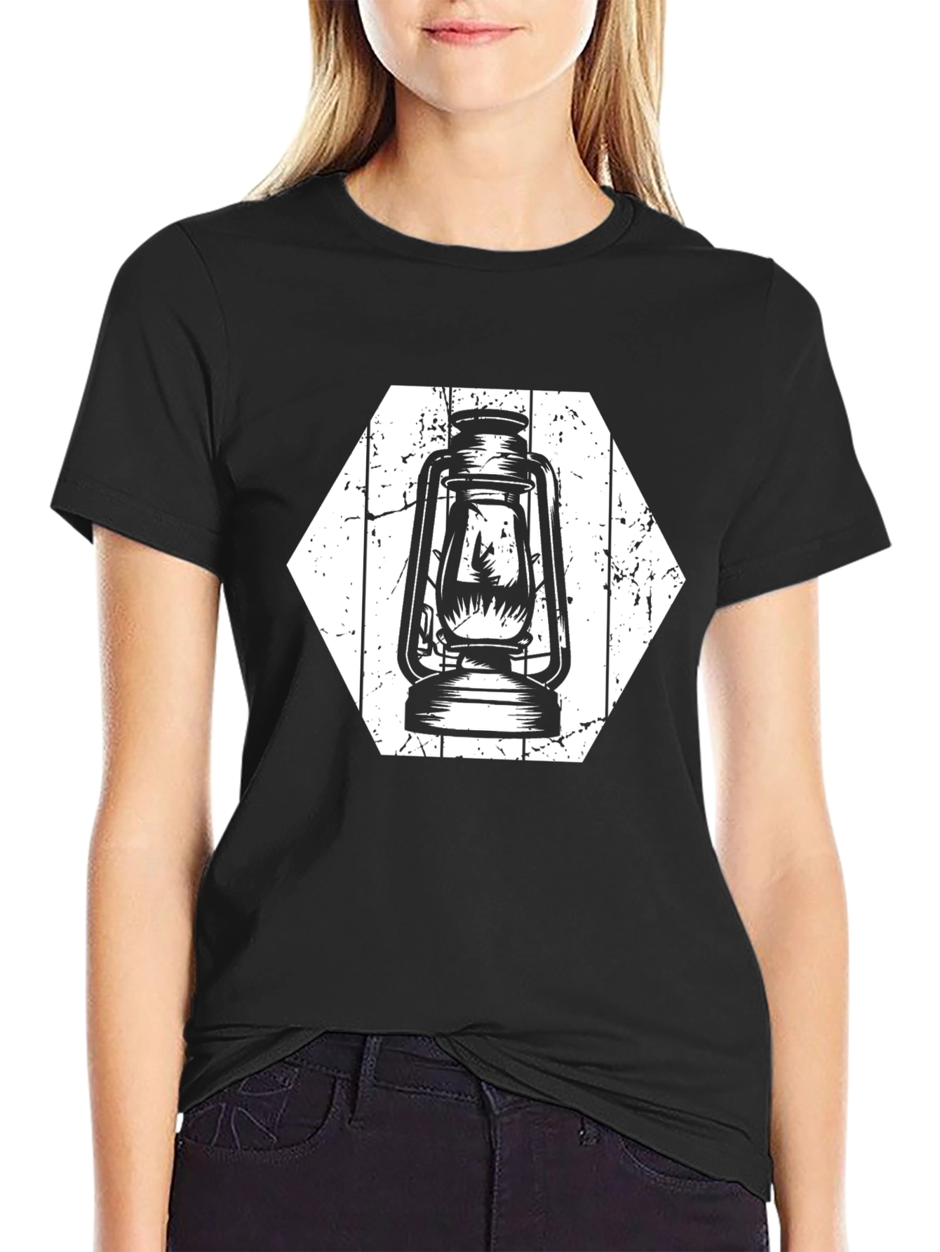 Retro Lantern Graphic Tee - Black Cotton Shirt