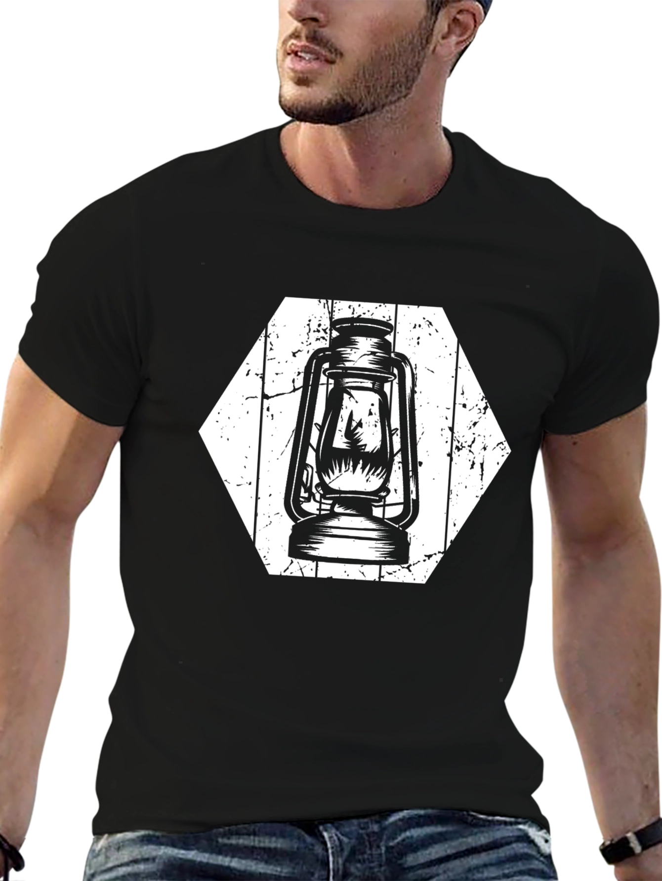 Retro Lantern Graphic Tee - Black Cotton Shirt