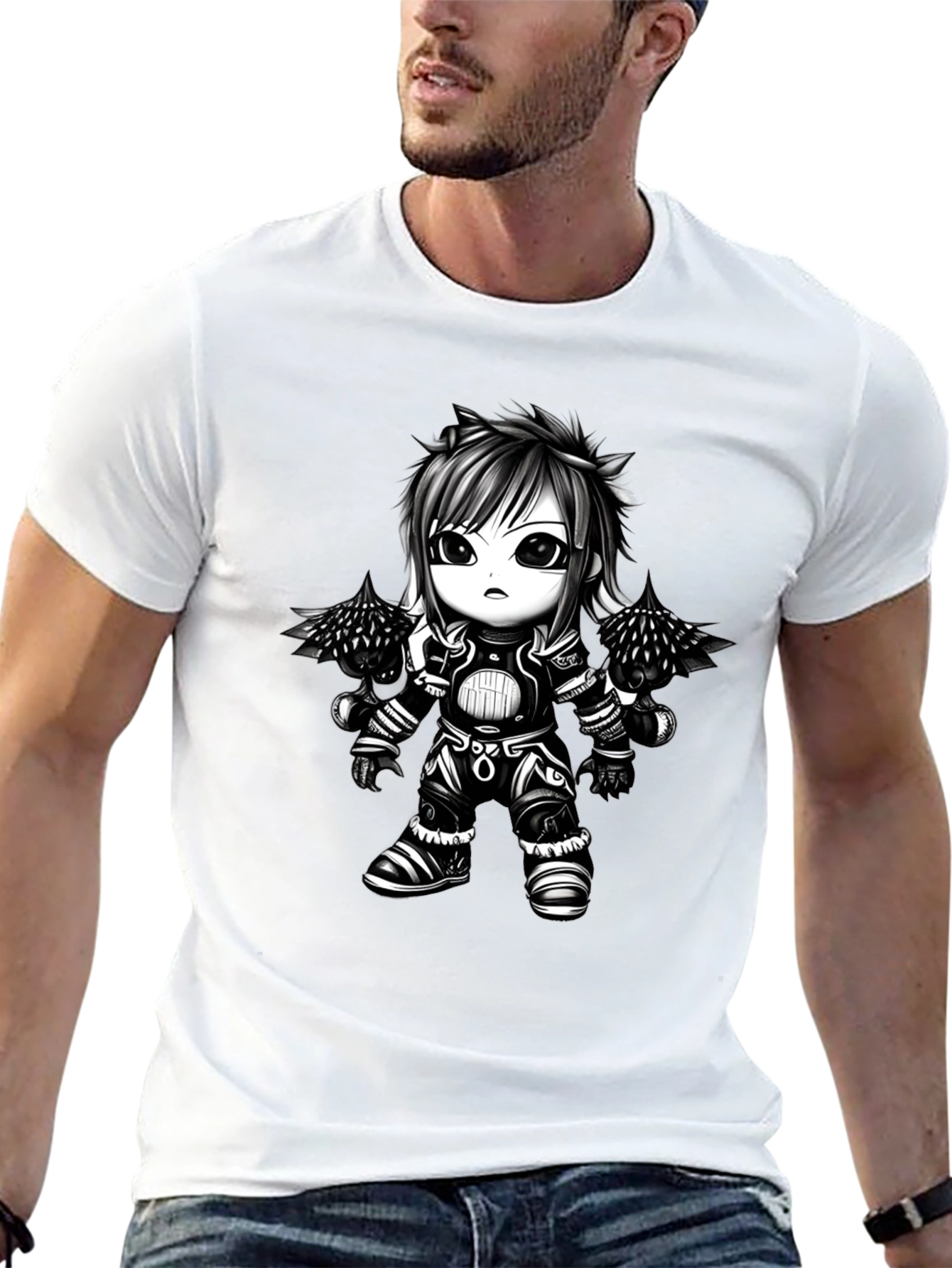 Anime Warrior Graphic Tee - Black Cotton T-Shirt