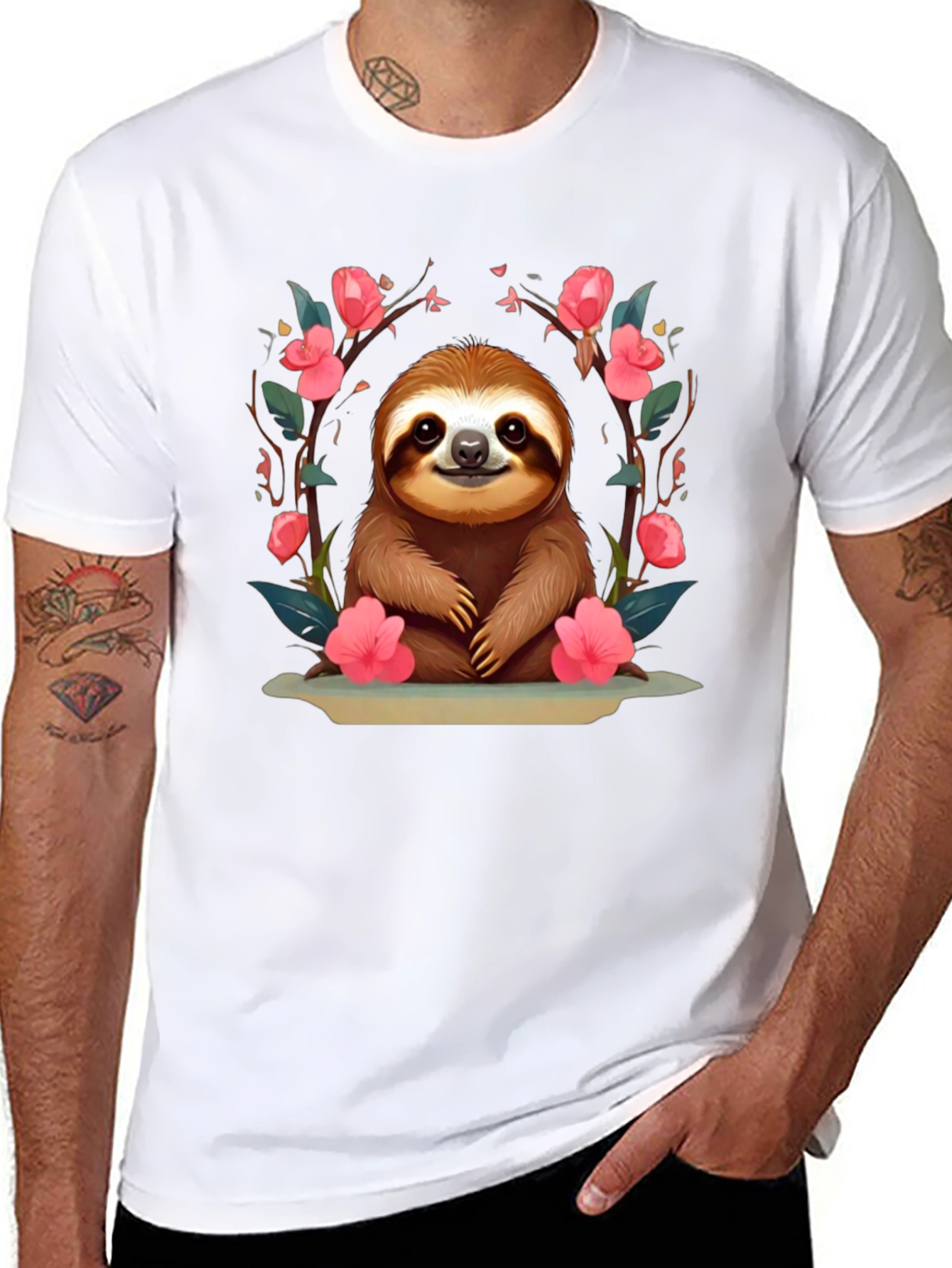 Cute Sloth Floral T-Shirt - Relaxed Fit