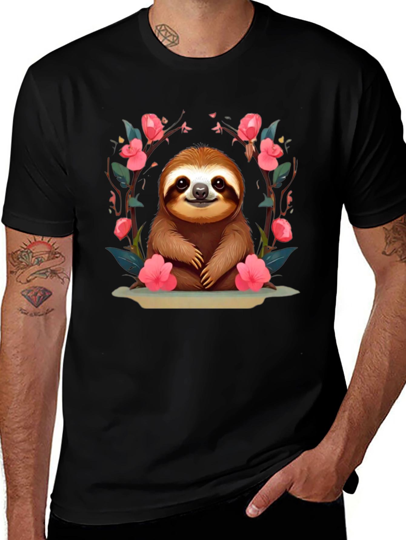 Cute Sloth Floral T-Shirt - Relaxed Fit