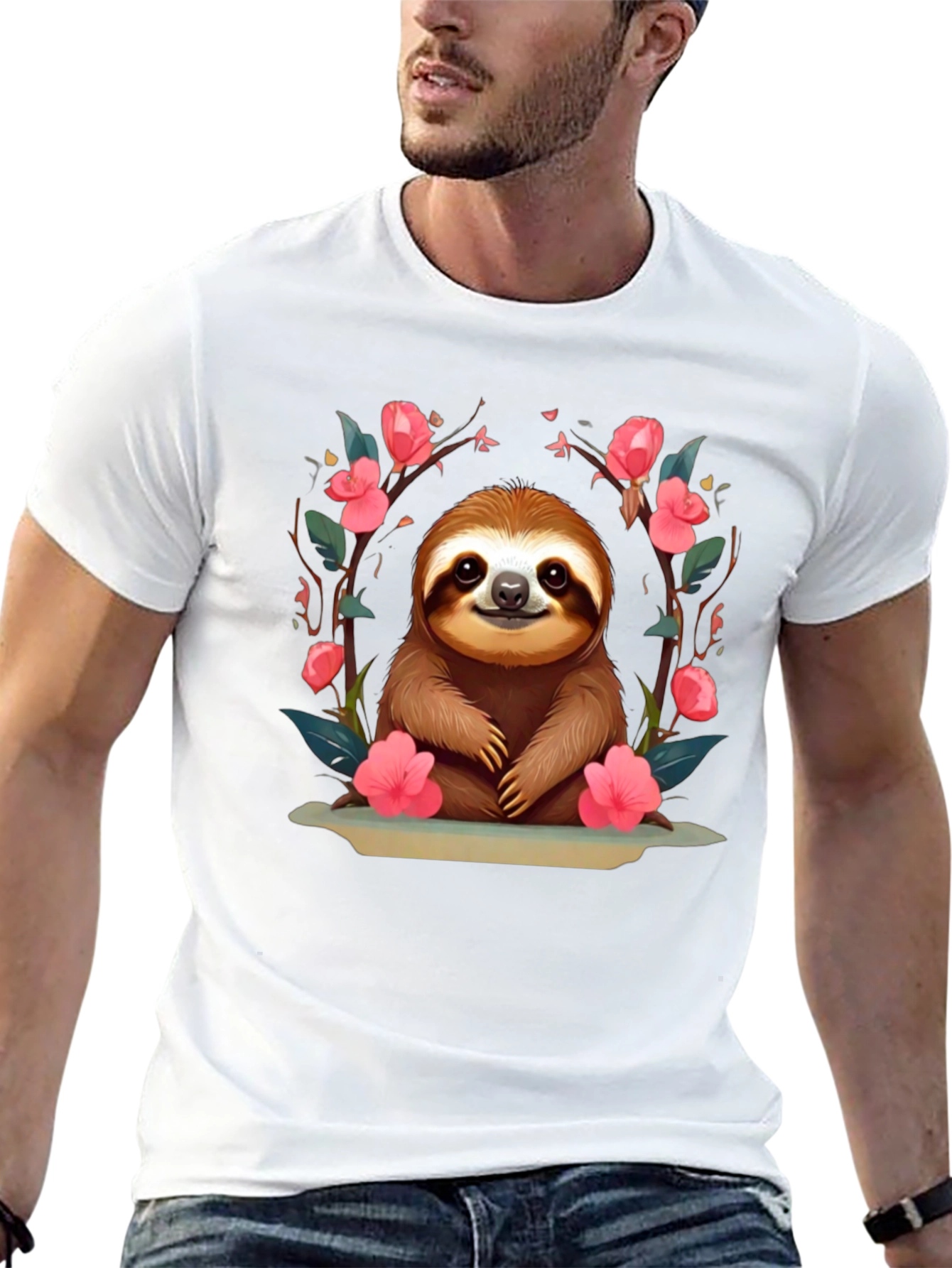 Cute Sloth Floral T-Shirt - Relaxed Fit