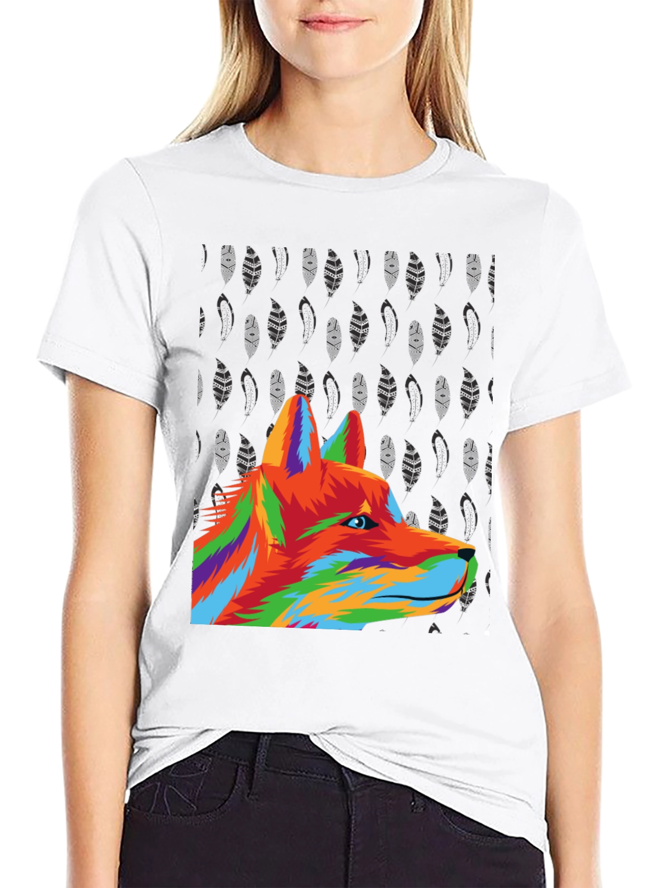 Vibrant Wolf Graphic Tee - Black Cotton Blend