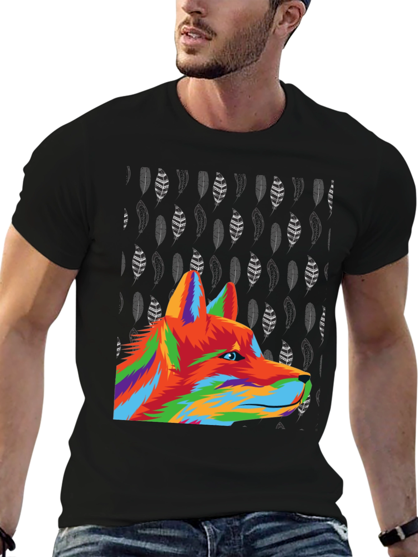 Vibrant Wolf Graphic Tee - Black Cotton Blend