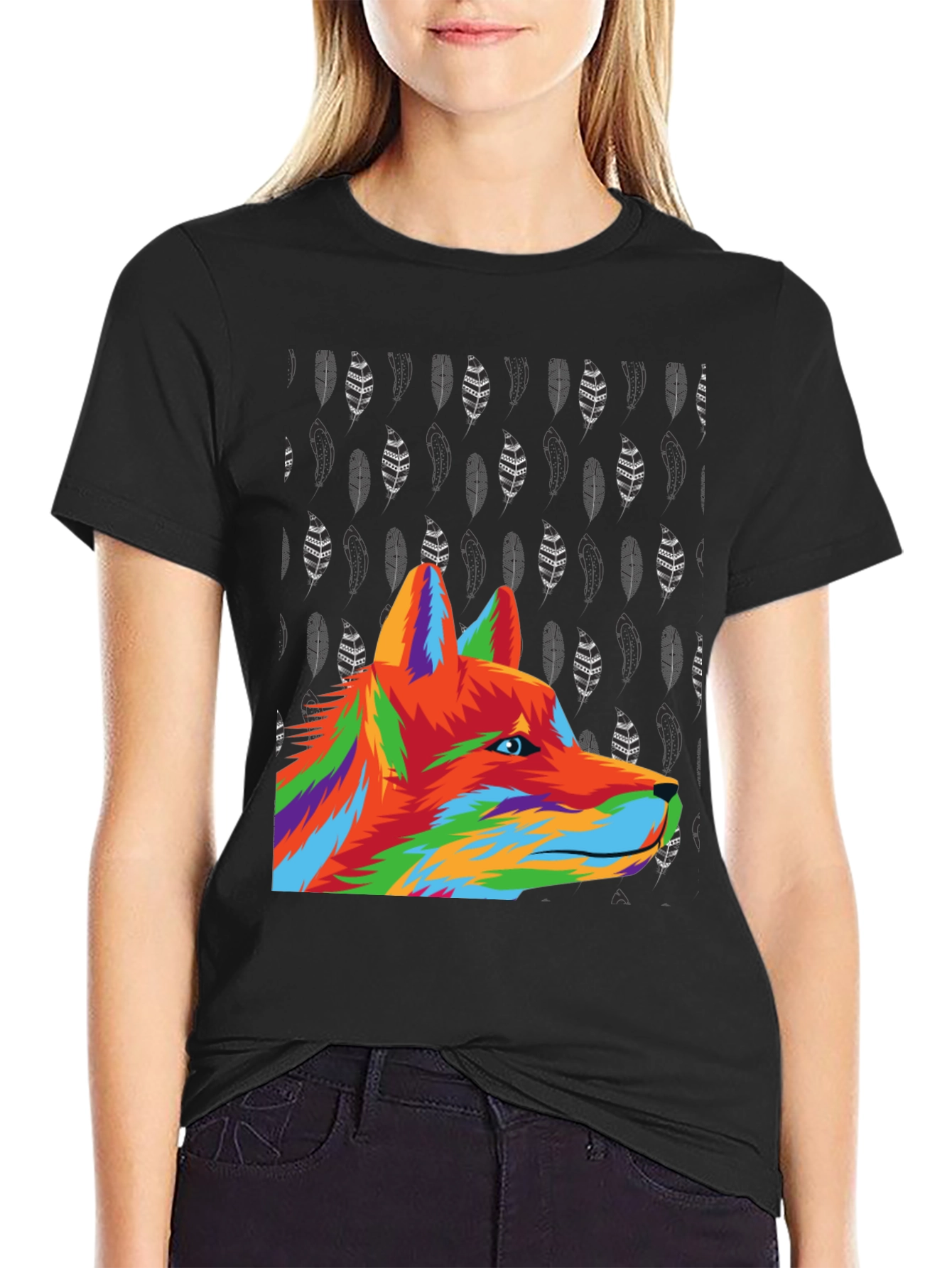 Vibrant Wolf Graphic Tee - Black Cotton Blend