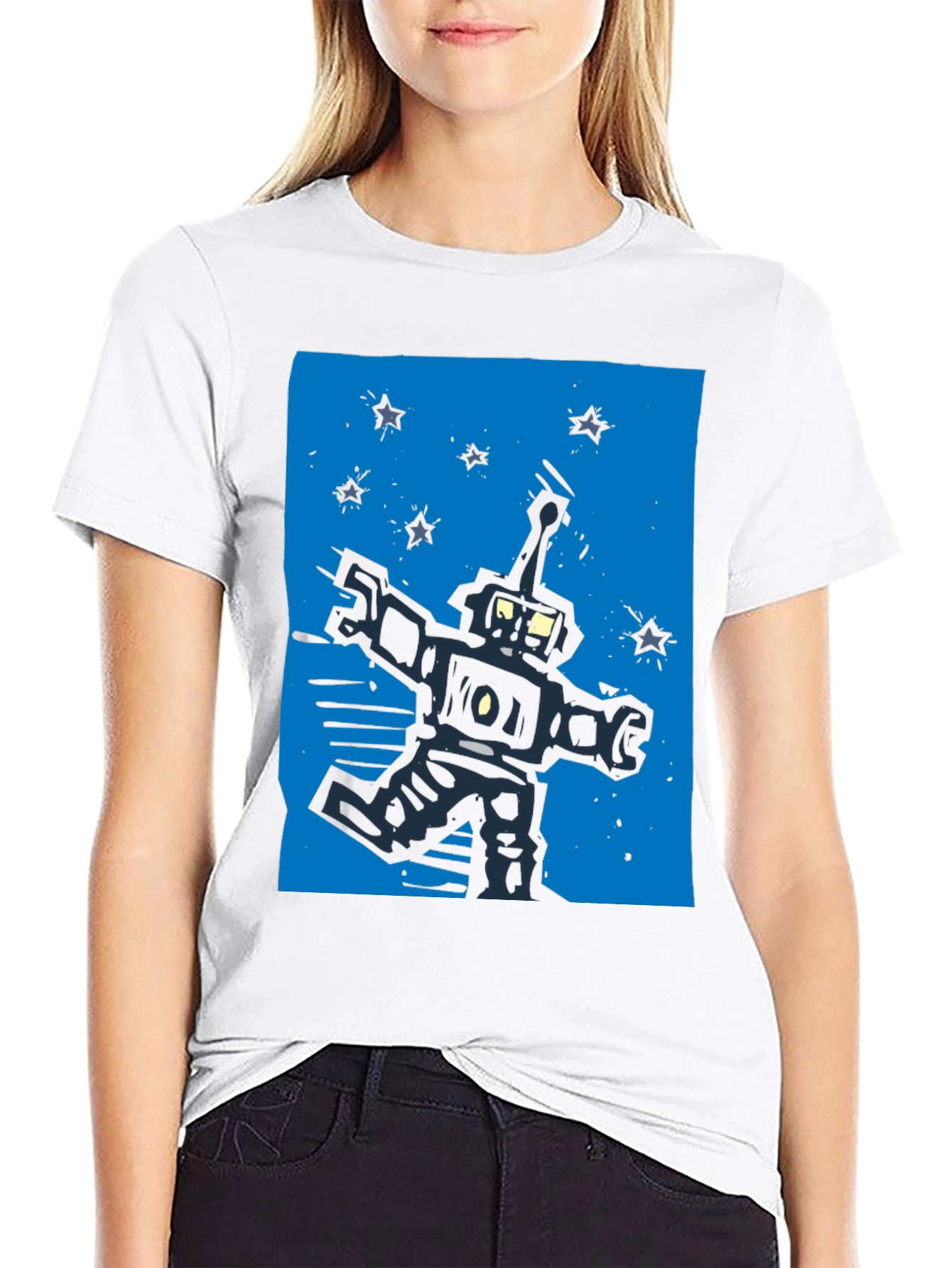 Retro Robot Graphic Tee - Black Cotton T-Shirt