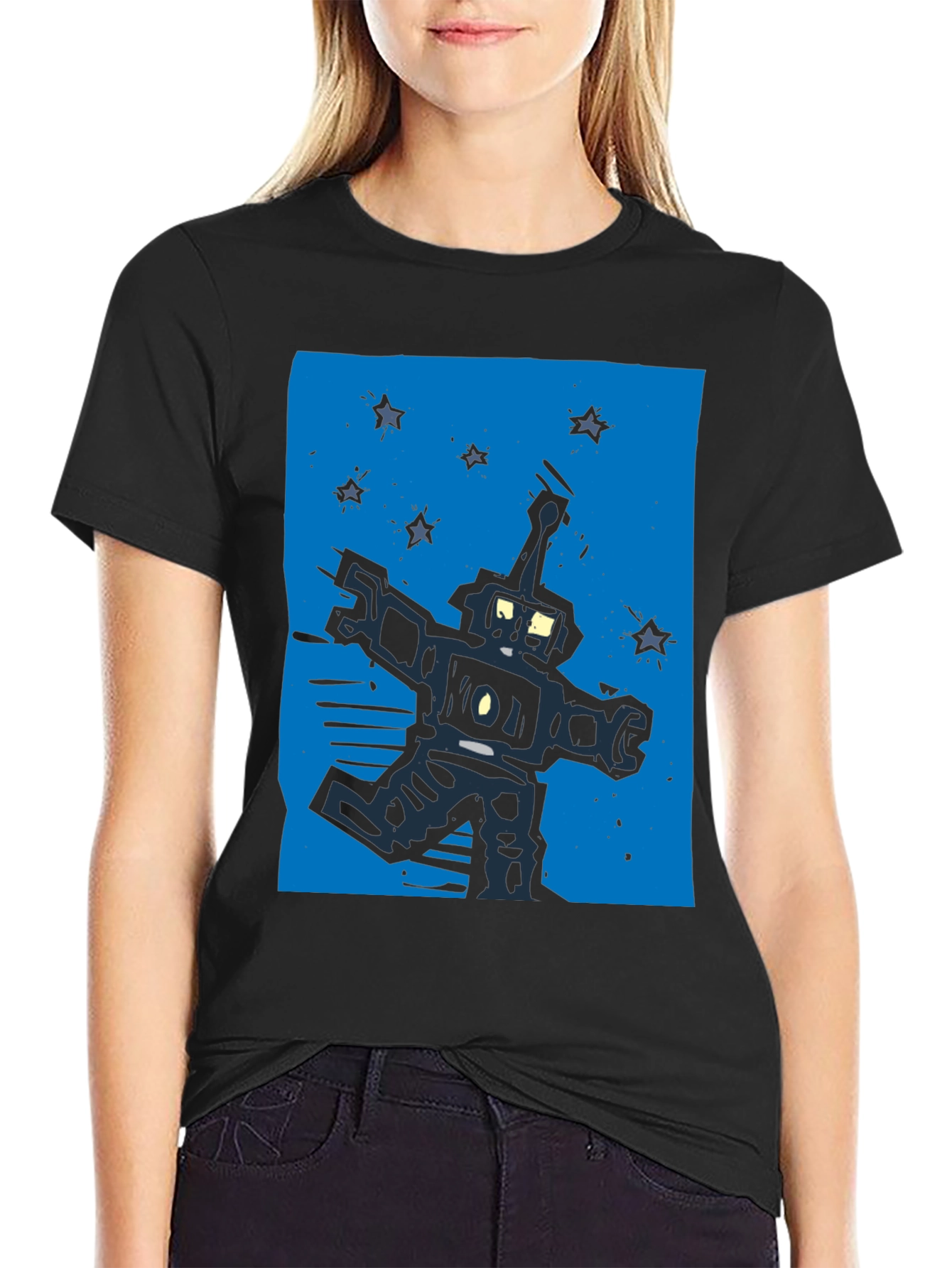 Retro Robot Graphic Tee - Black Cotton T-Shirt