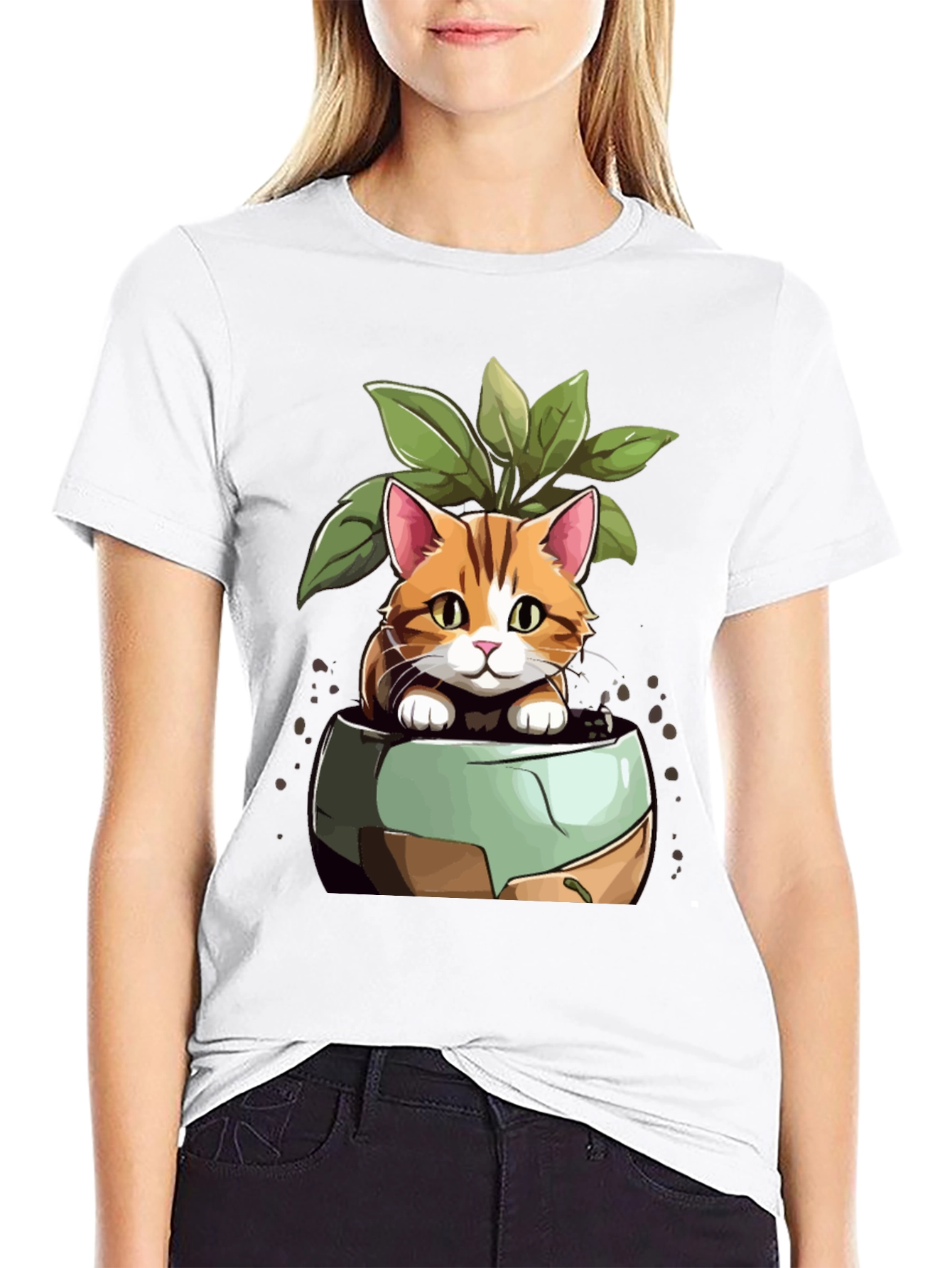 Cat in Pot Plant T-Shirt - Unique Design