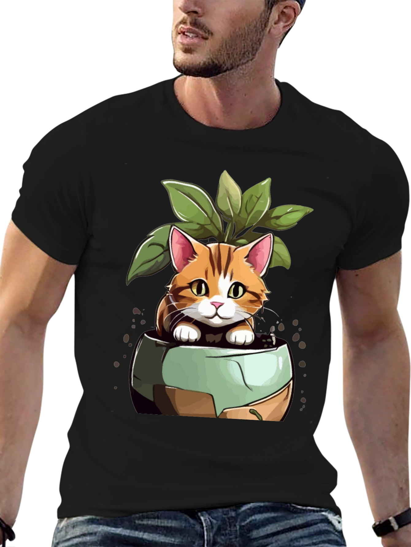 Cat in Pot Plant T-Shirt - Unique Design