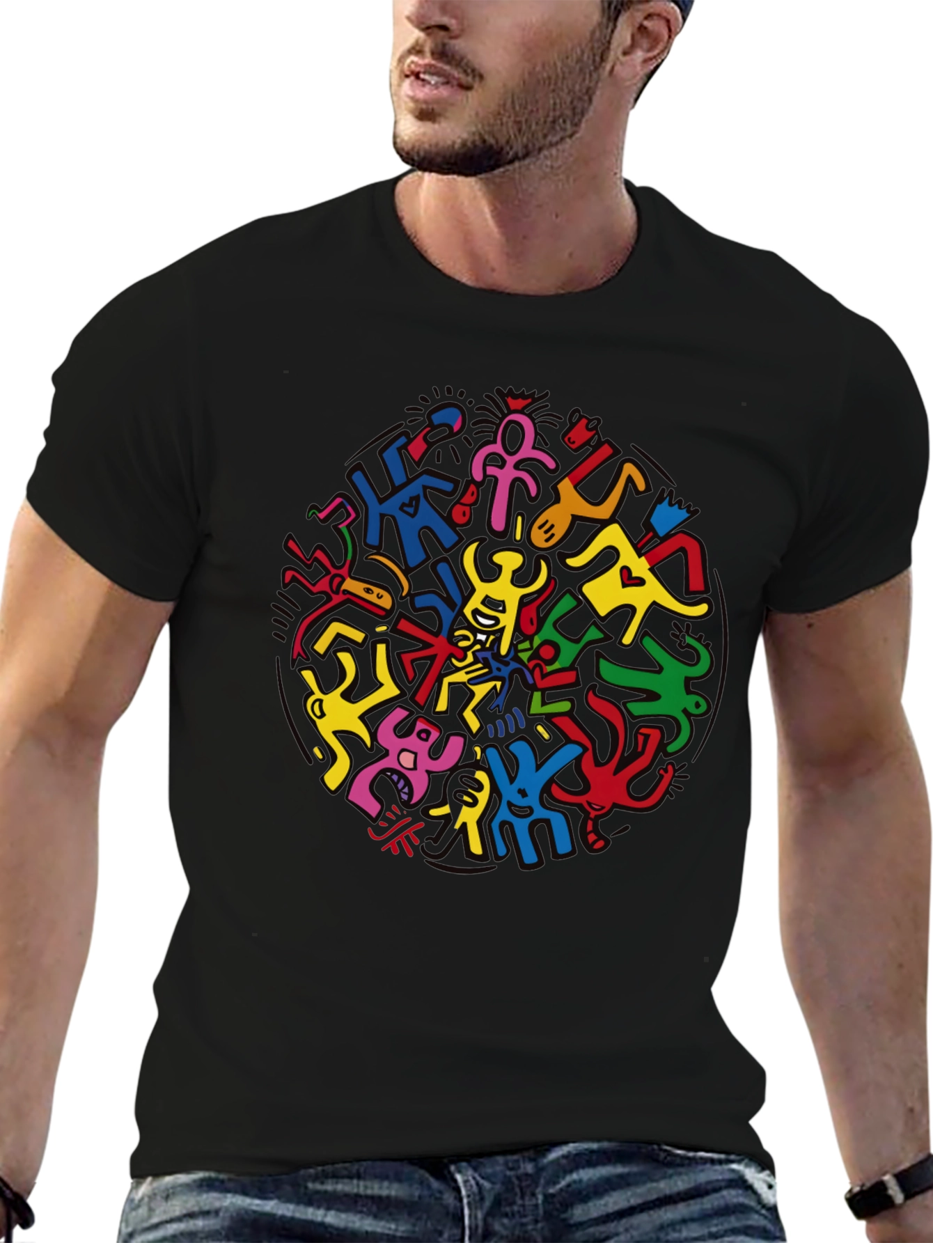 Keith Haring Inspired Black Crew Neck Tee