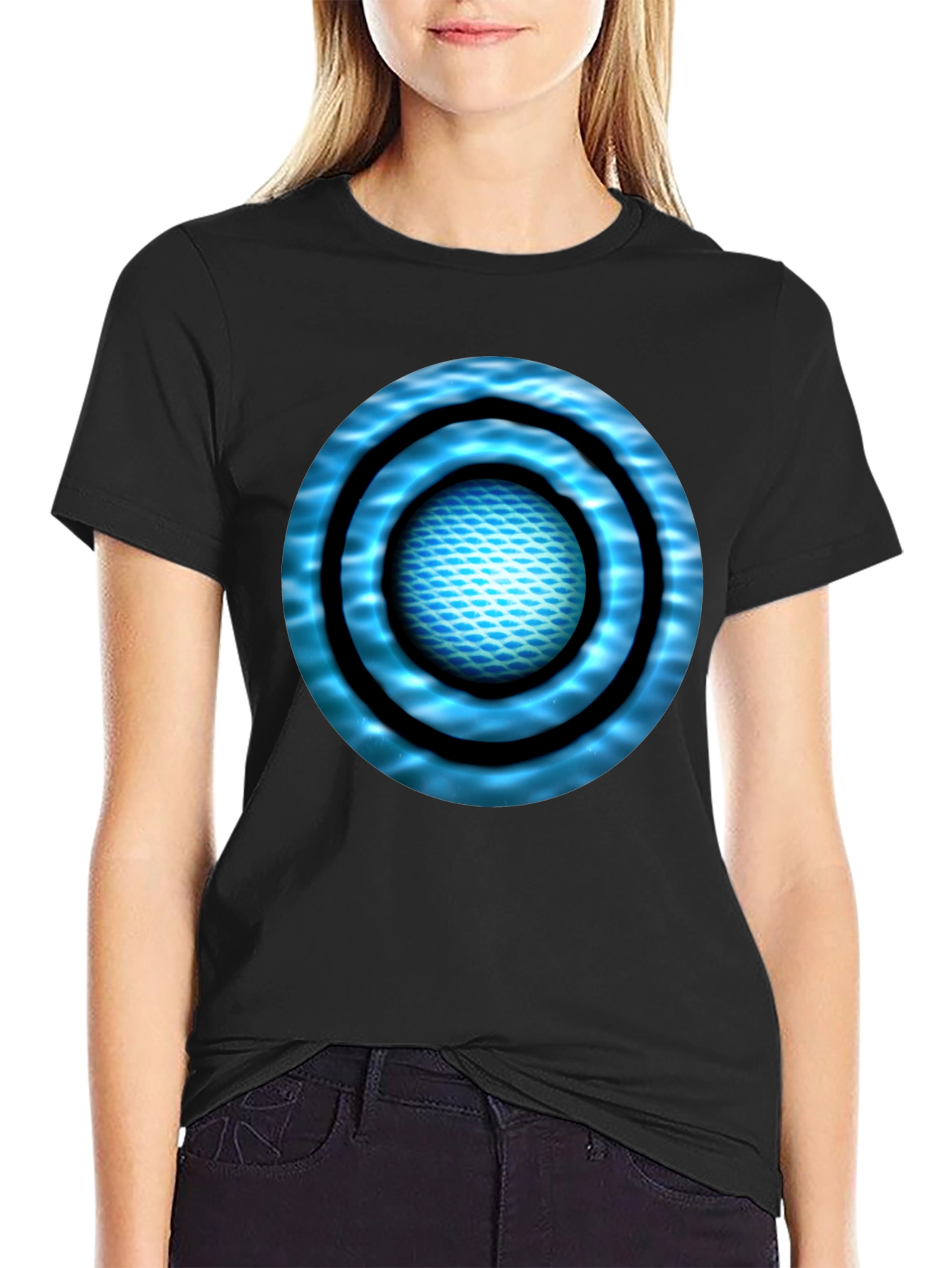 Abstract Blue Circle Design Black T-Shirt