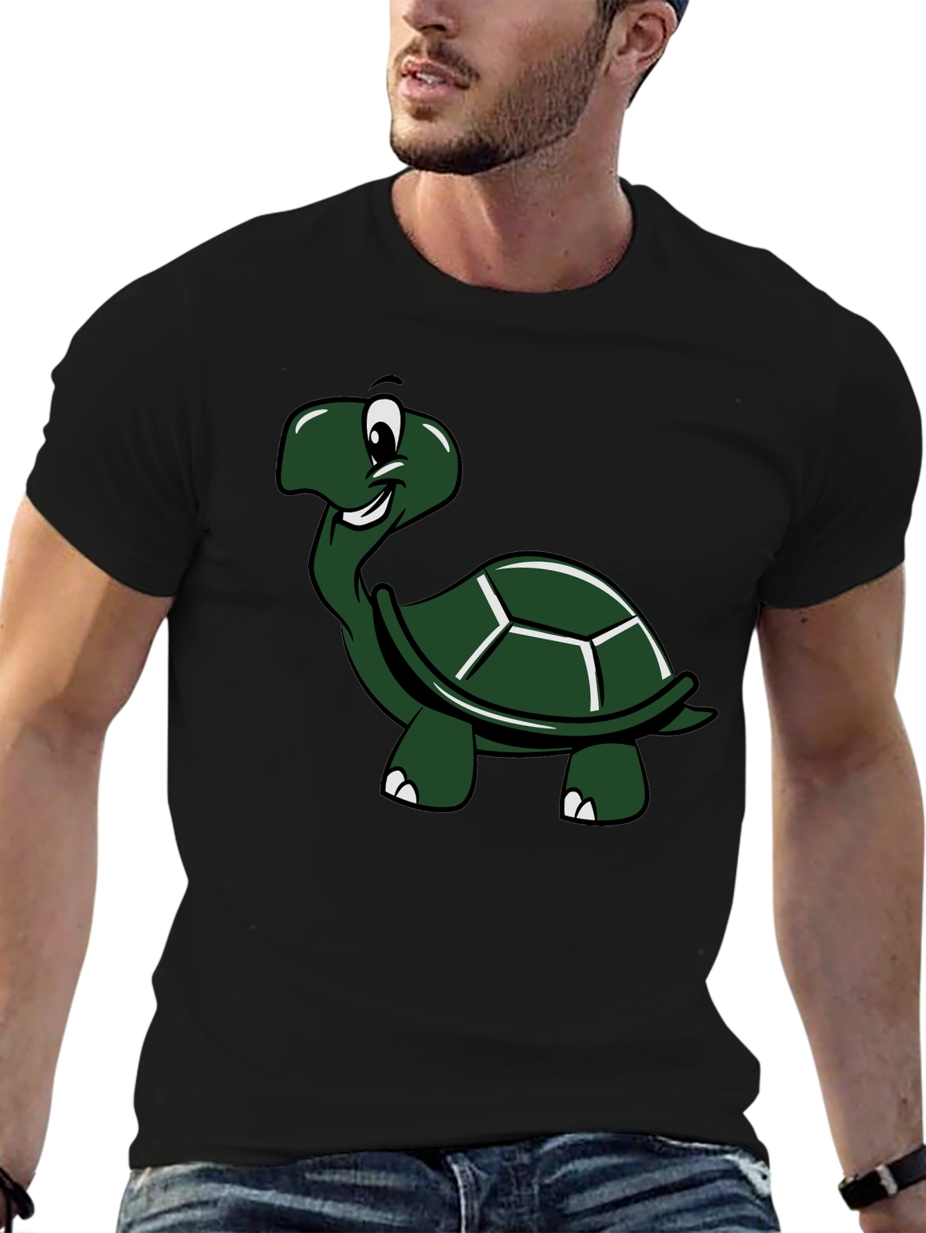 Cartoon Turtle Graphic T-Shirt - Black Cotton Tee