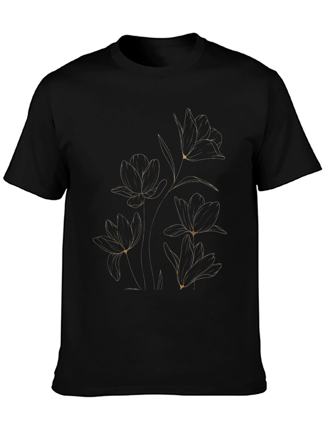 Elegant Floral Line Art Black T-Shirt