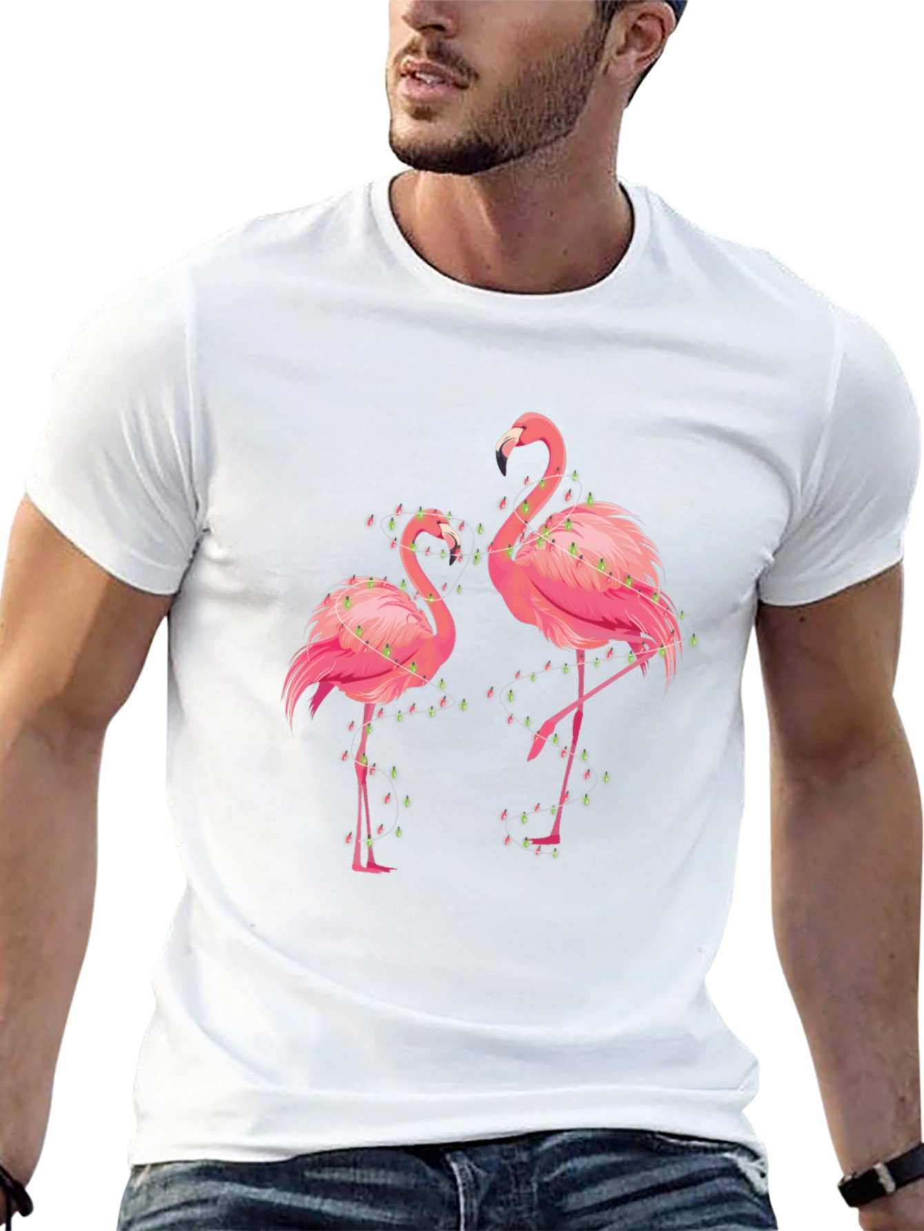 Flamingo Christmas Lights Graphic Tee - Black