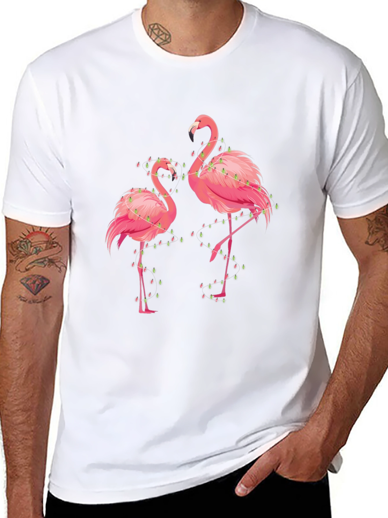 Flamingo Christmas Lights Graphic Tee - Black
