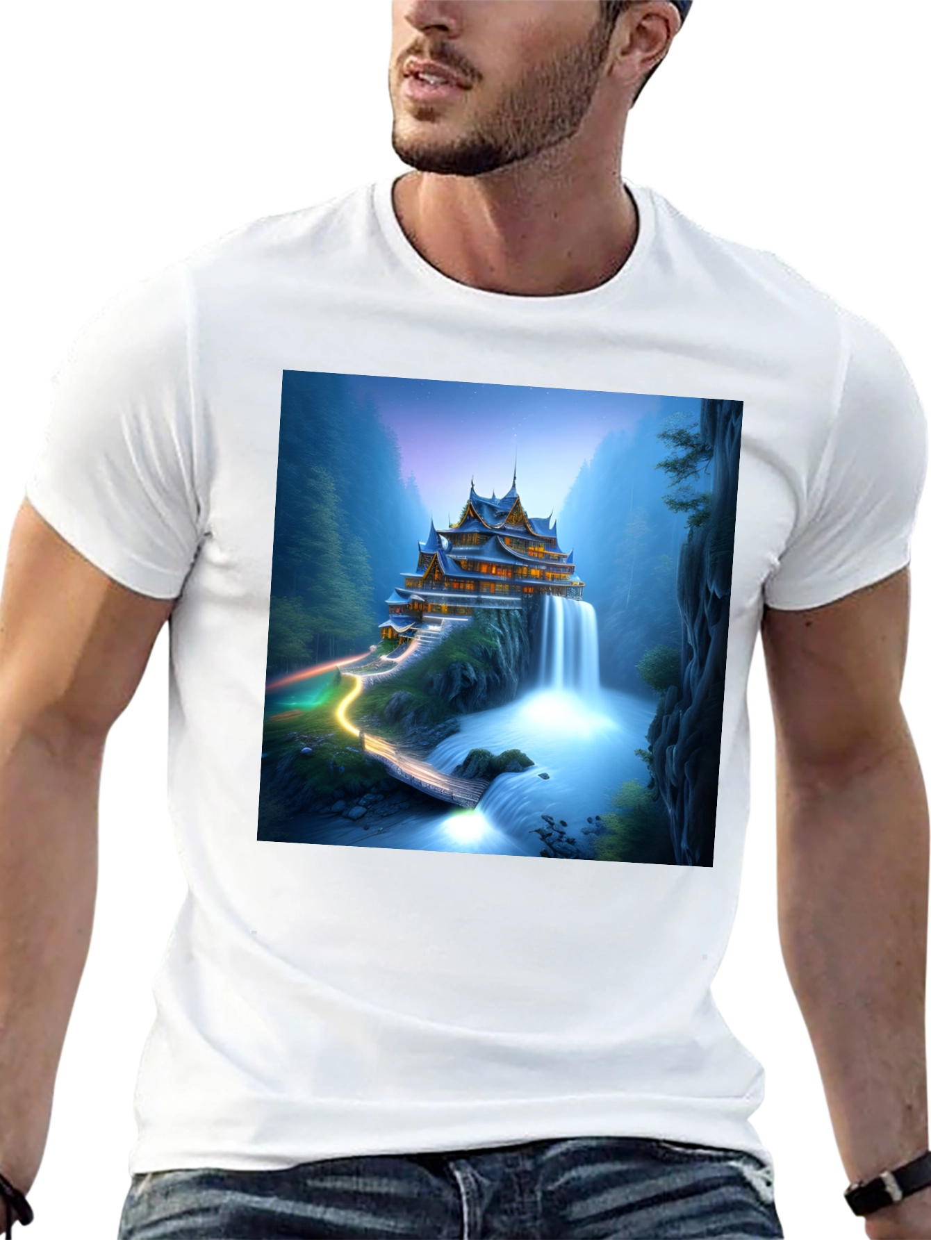Waterfall Temple Graphic Tee - Mens Black T-Shirt
