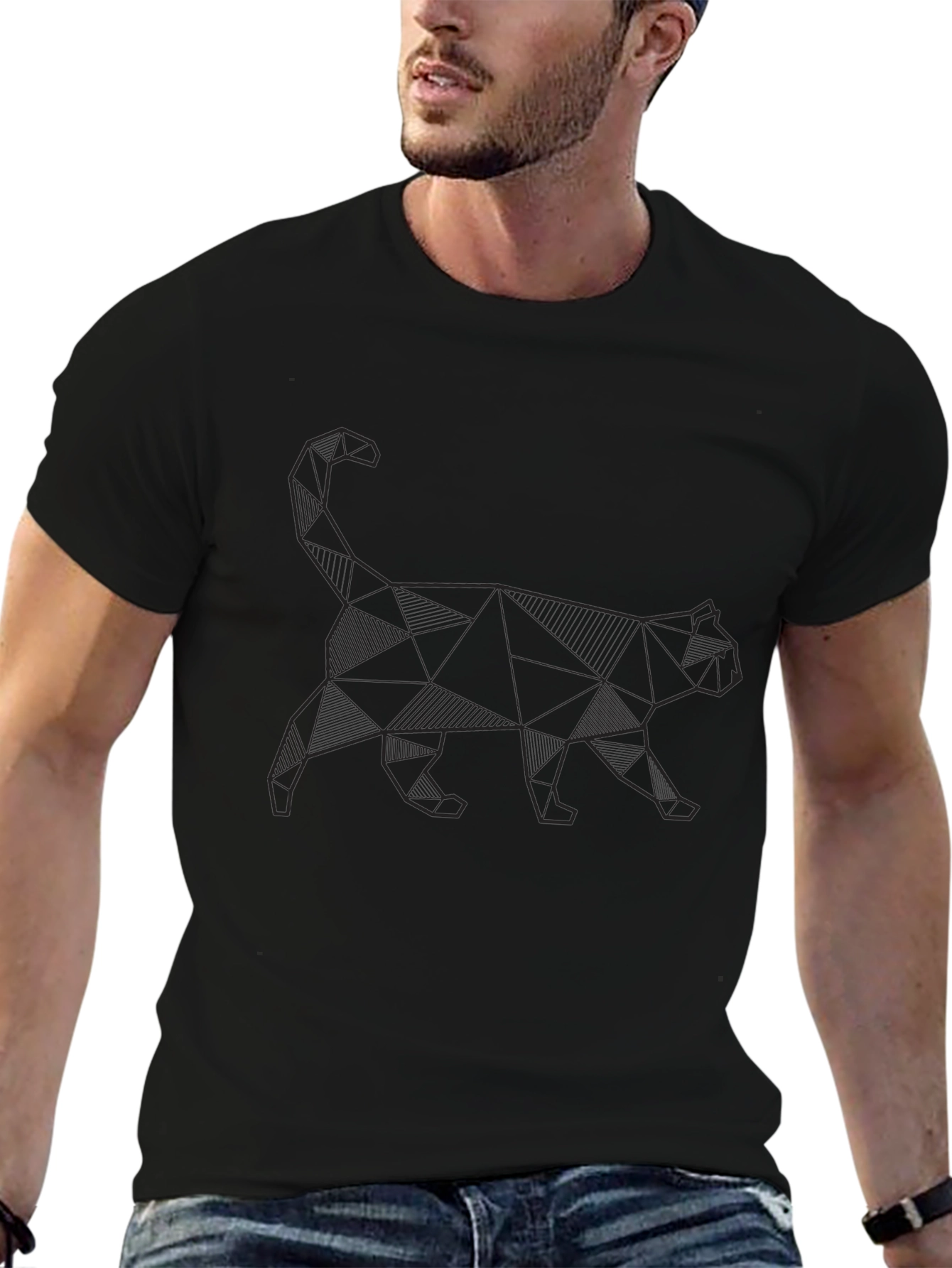 Geometric Cat Print Black T-Shirt