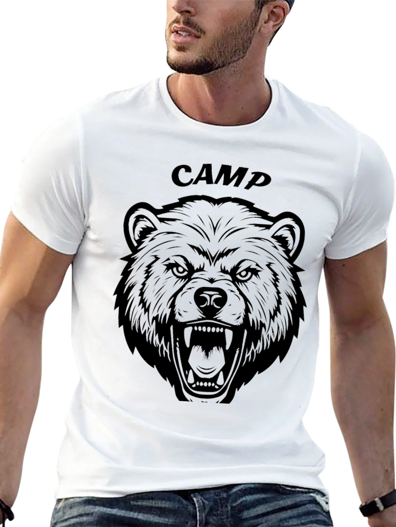Camp Bear Graphic Tee - Black Cotton T-Shirt