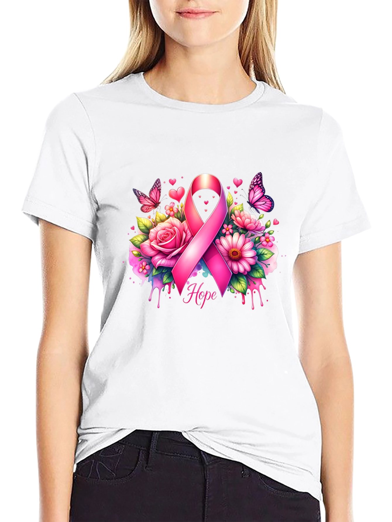 Breast Cancer Awareness T-Shirt with Pink Ribbon and Flowers