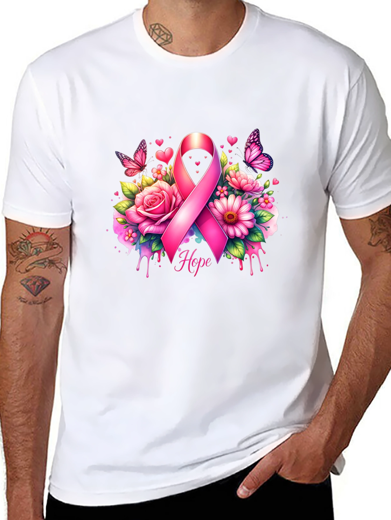Breast Cancer Awareness T-Shirt with Pink Ribbon and Flowers