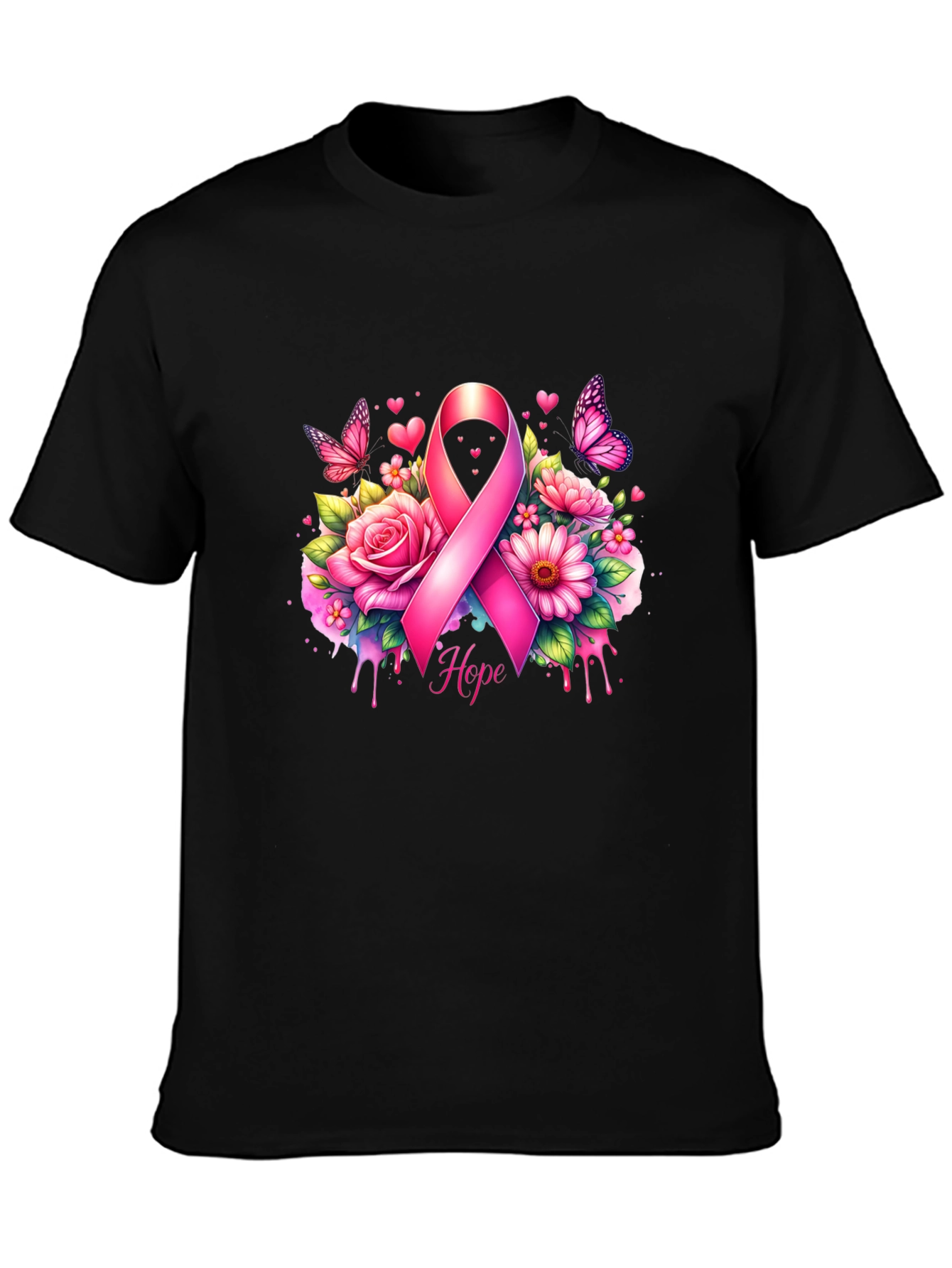 Breast Cancer Awareness T-Shirt with Pink Ribbon and Flowers