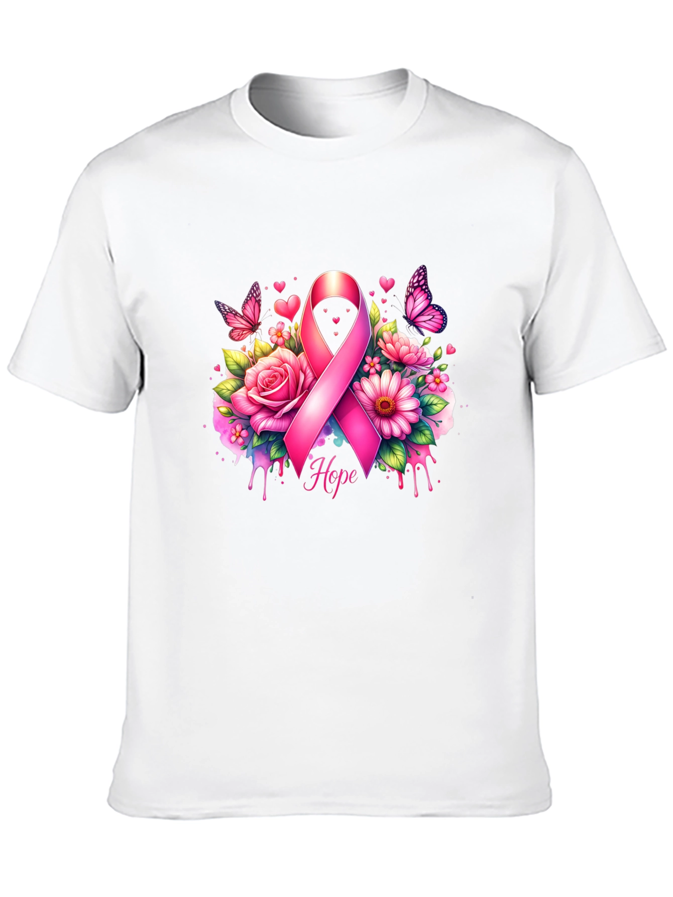 Breast Cancer Awareness T-Shirt with Pink Ribbon and Flowers